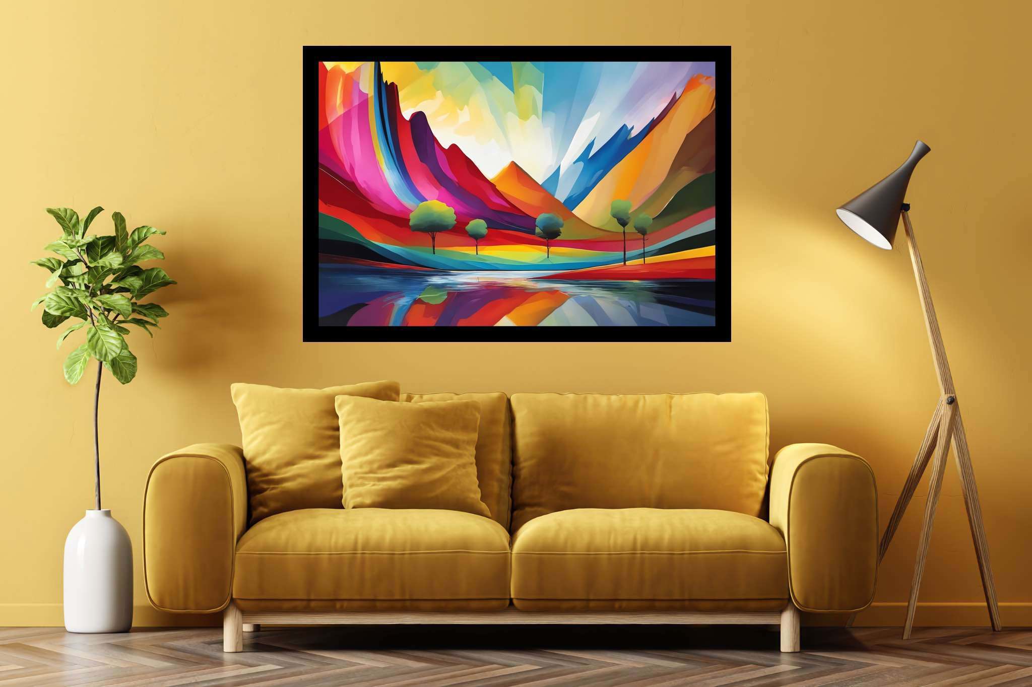 Chromatic summits serenade: Vibrant landscape art with lively nature, in a room with classic elegance, gallery-quality artwork, and stylish accessories. The art can be printed on poster, framed poster, canvas, metal, acrylic or wood, exclusively at WallArtZen. Find this exact print at https://wallartzen.com/waz221