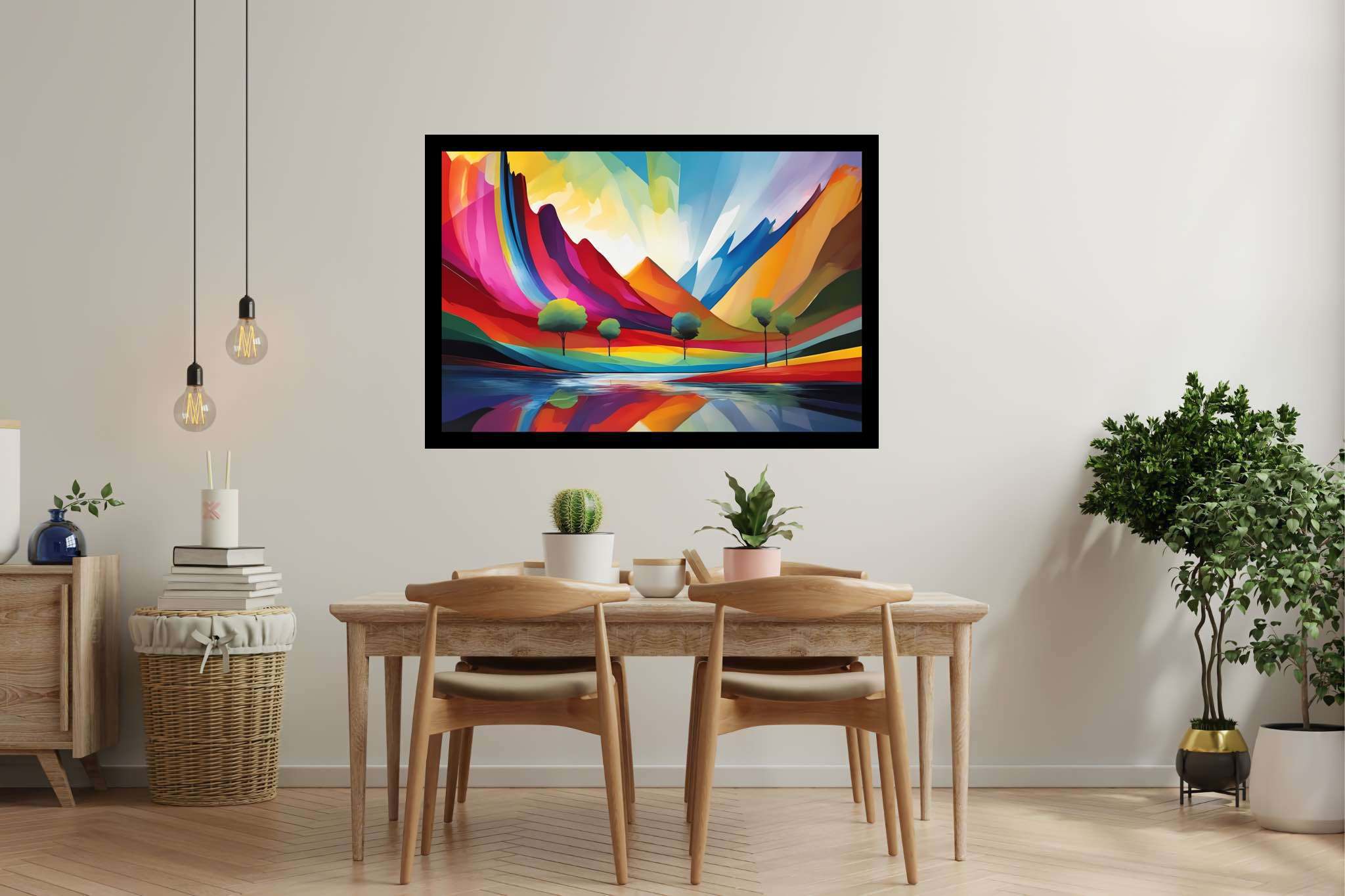 Chromatic summits serenade: Vibrant landscape art with vibrant landscape paintings, in a room with contemporary flair, wall hangings, and elegant home goods. The art can be printed on poster, framed poster, canvas, metal, acrylic or wood, exclusively at WallArtZen. Find this exact print at https://wallartzen.com/waz221