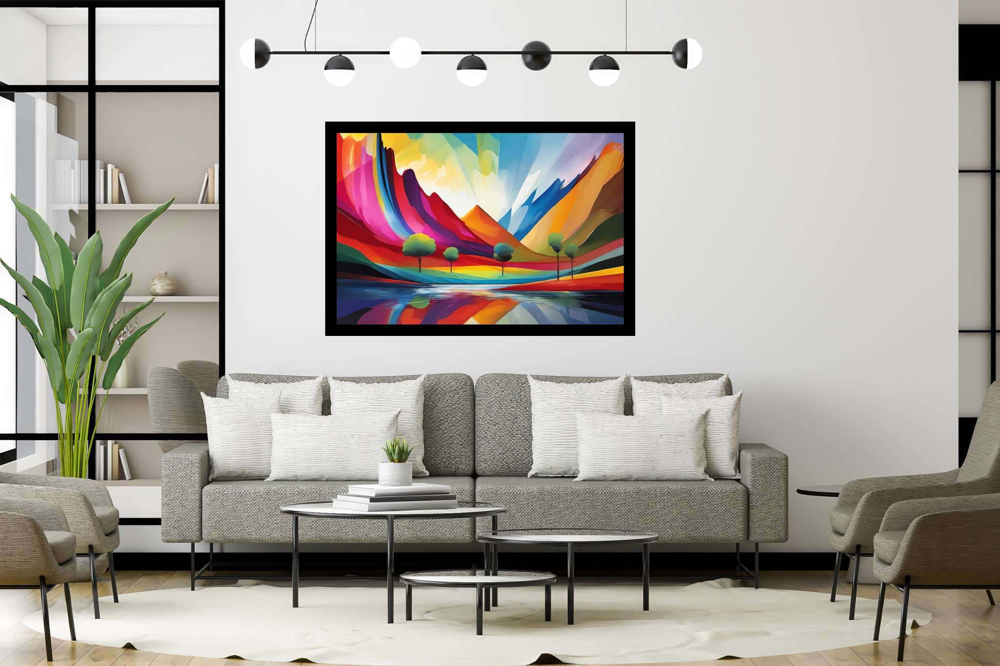 Chromatic summits serenade: Vibrant landscape art with vivid outdoor scenes, in a room with minimalist approach, fine art prints, and artisan decor. The art can be printed on poster, framed poster, canvas, metal, acrylic or wood, exclusively at WallArtZen. Find this exact print at https://wallartzen.com/waz221