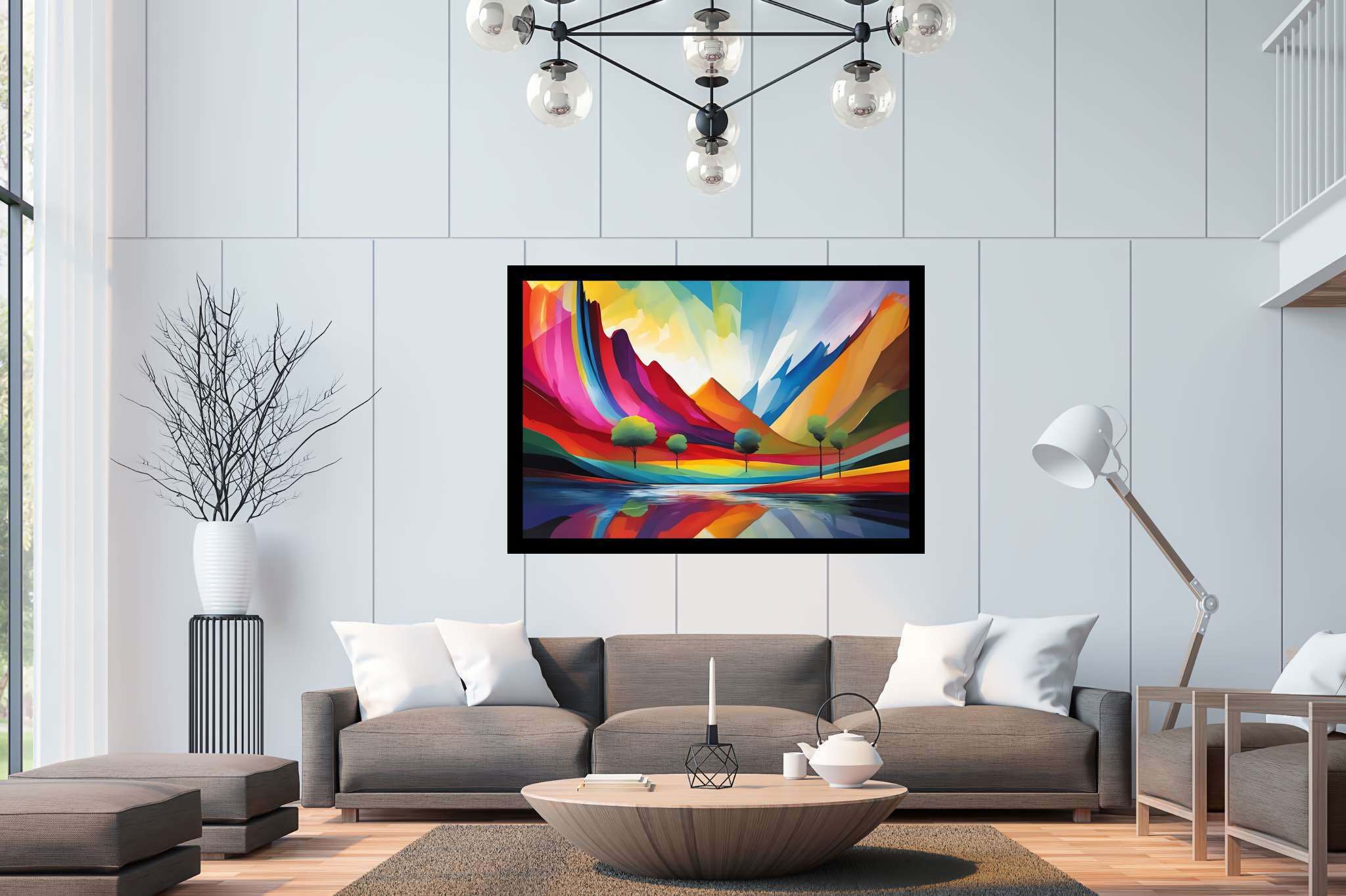 Chromatic summits serenade: Vibrant landscape art with dynamic landscape artwork, in a room with classic elegance, mural artworks, and stylish accessories. The art can be printed on poster, framed poster, canvas, metal, acrylic or wood, exclusively at WallArtZen. Find this exact print at https://wallartzen.com/waz221