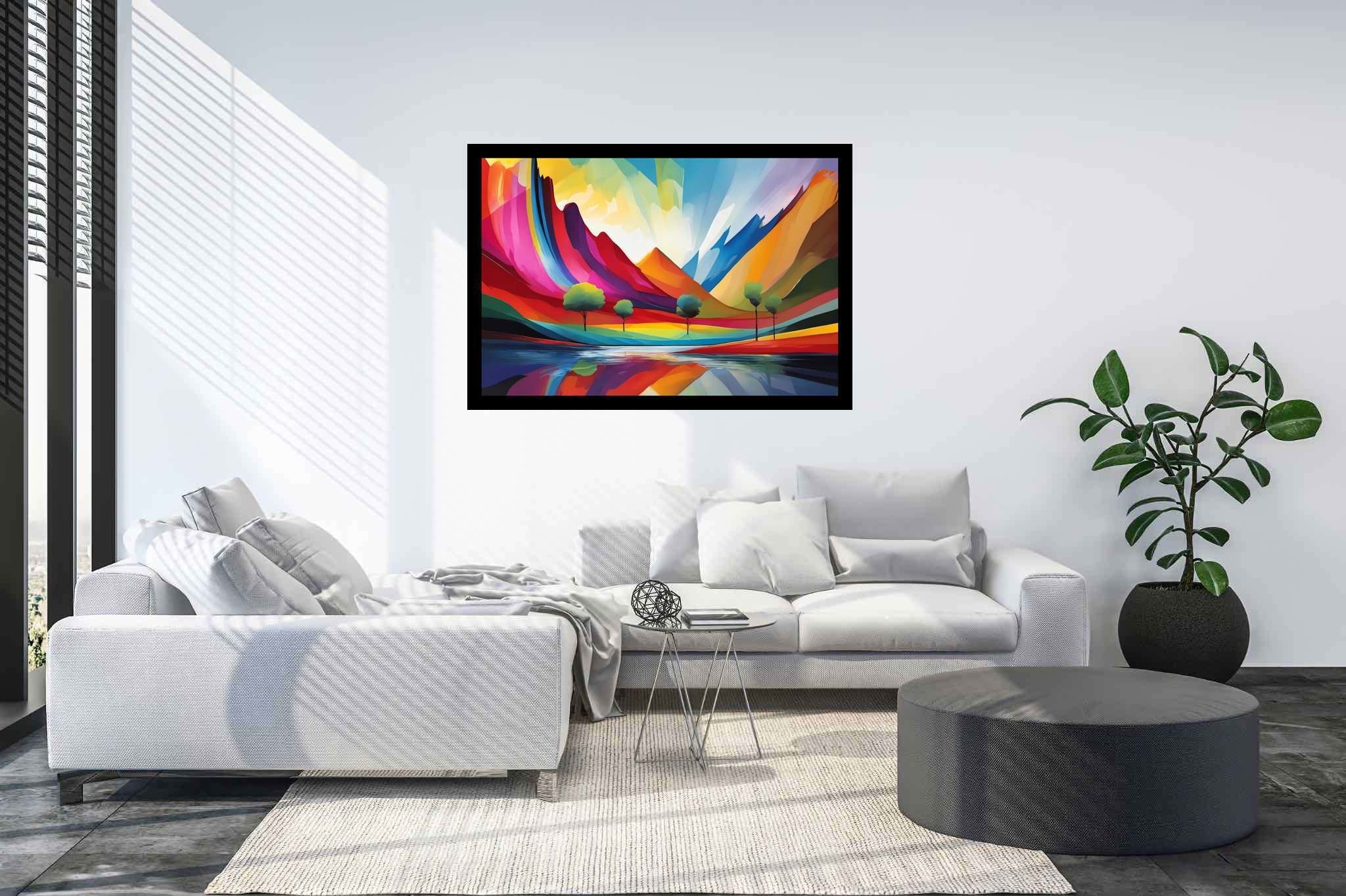 Chromatic summits serenade: Vibrant landscape art with vibrant nature art, in a room with classic elegance, gallery-quality artwork, and elegant home goods. The art can be printed on poster, framed poster, canvas, metal, acrylic or wood, exclusively at WallArtZen. Find this exact print at https://wallartzen.com/waz221