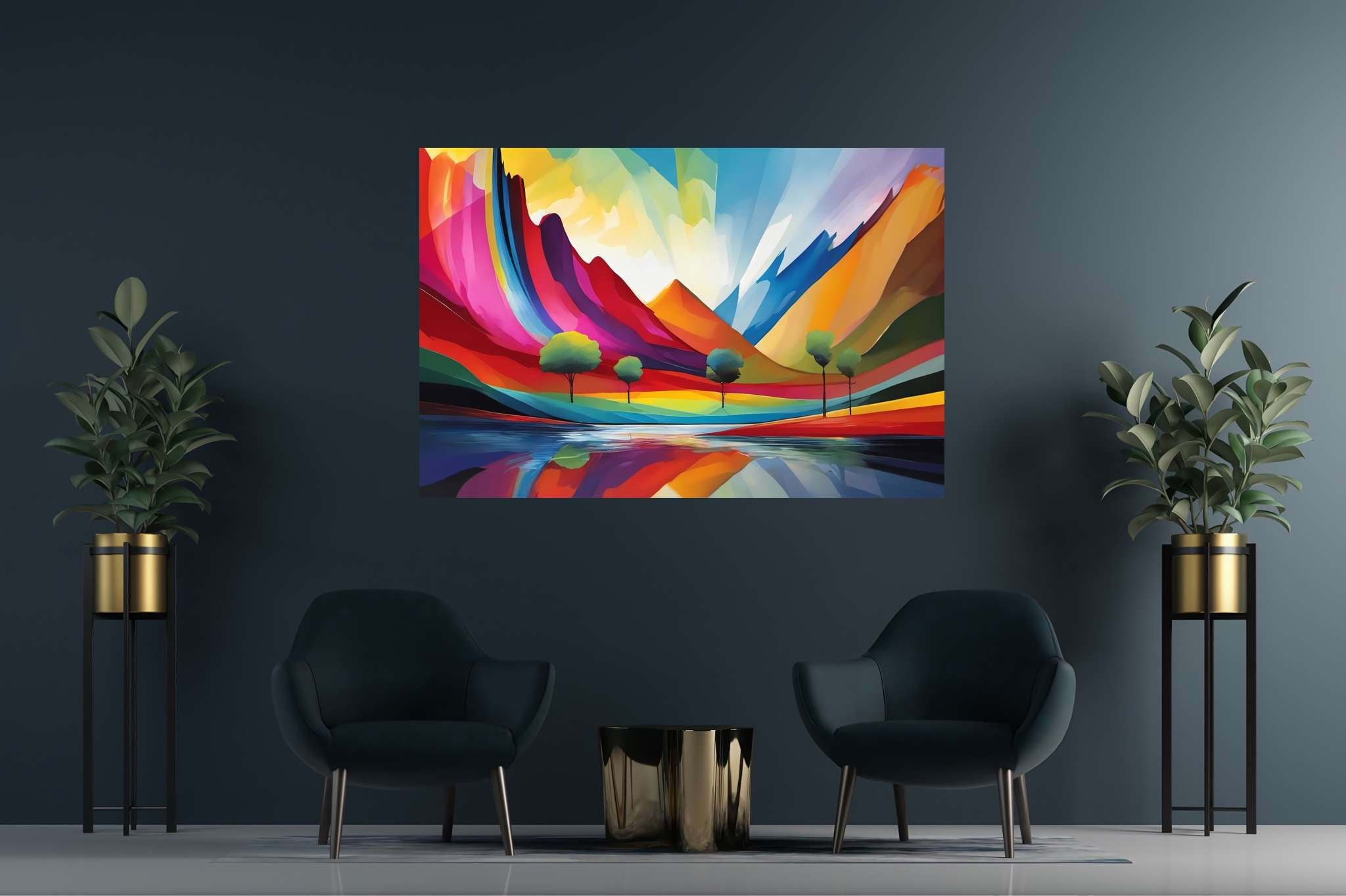 Chromatic summits serenade: Vibrant landscape art with vibrant natural beauty, in a room with urban design, digital art pieces, and decorative pieces. The art can be printed on poster, framed poster, canvas, metal, acrylic or wood, exclusively at WallArtZen. Find this exact print at https://wallartzen.com/waz221