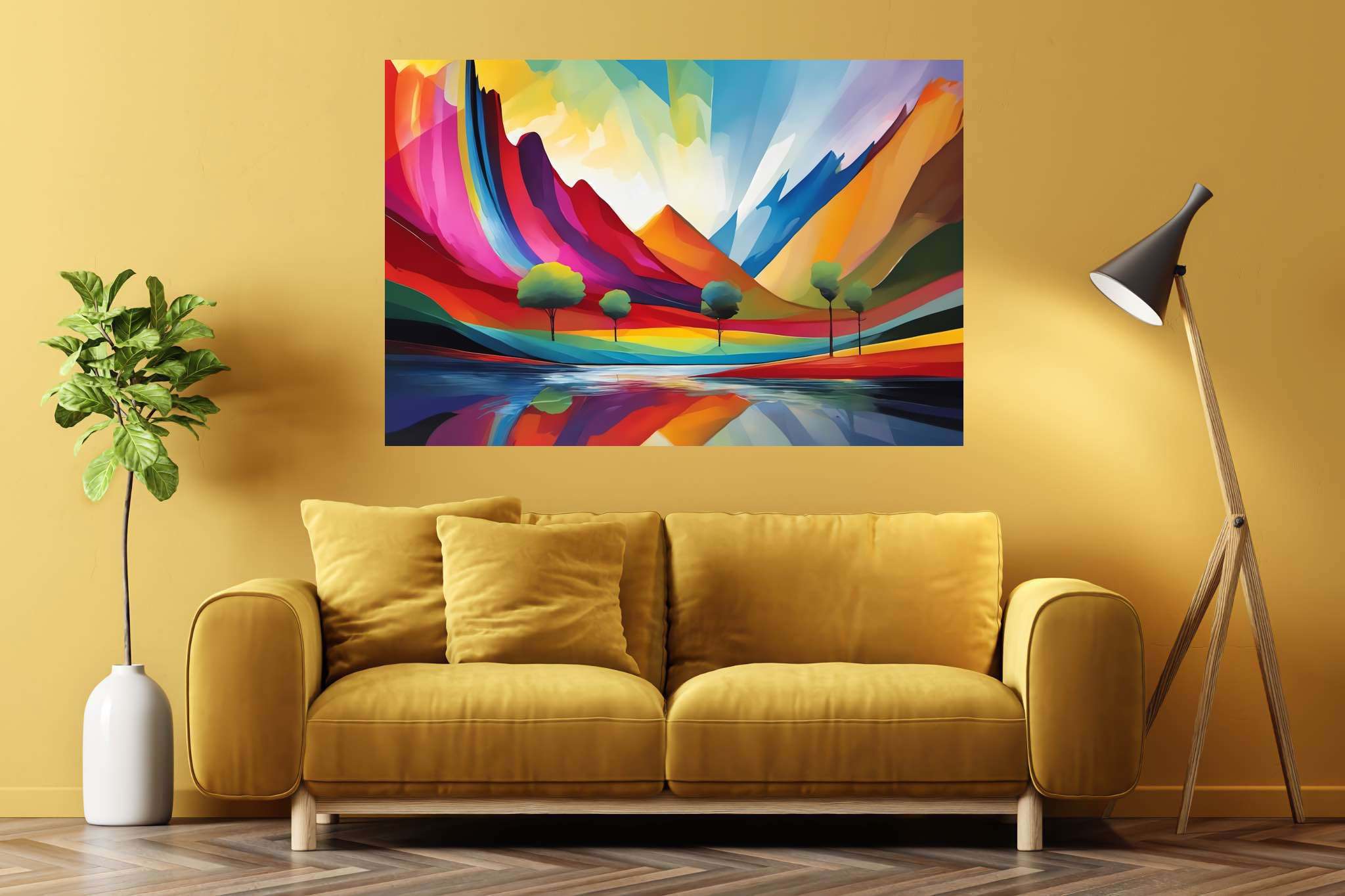 Chromatic summits serenade: Vibrant landscape art with colorful countryside, in a room with classic elegance, photographic wall art, and stylish accessories. The art can be printed on poster, framed poster, canvas, metal, acrylic or wood, exclusively at WallArtZen. Find this exact print at https://wallartzen.com/waz221