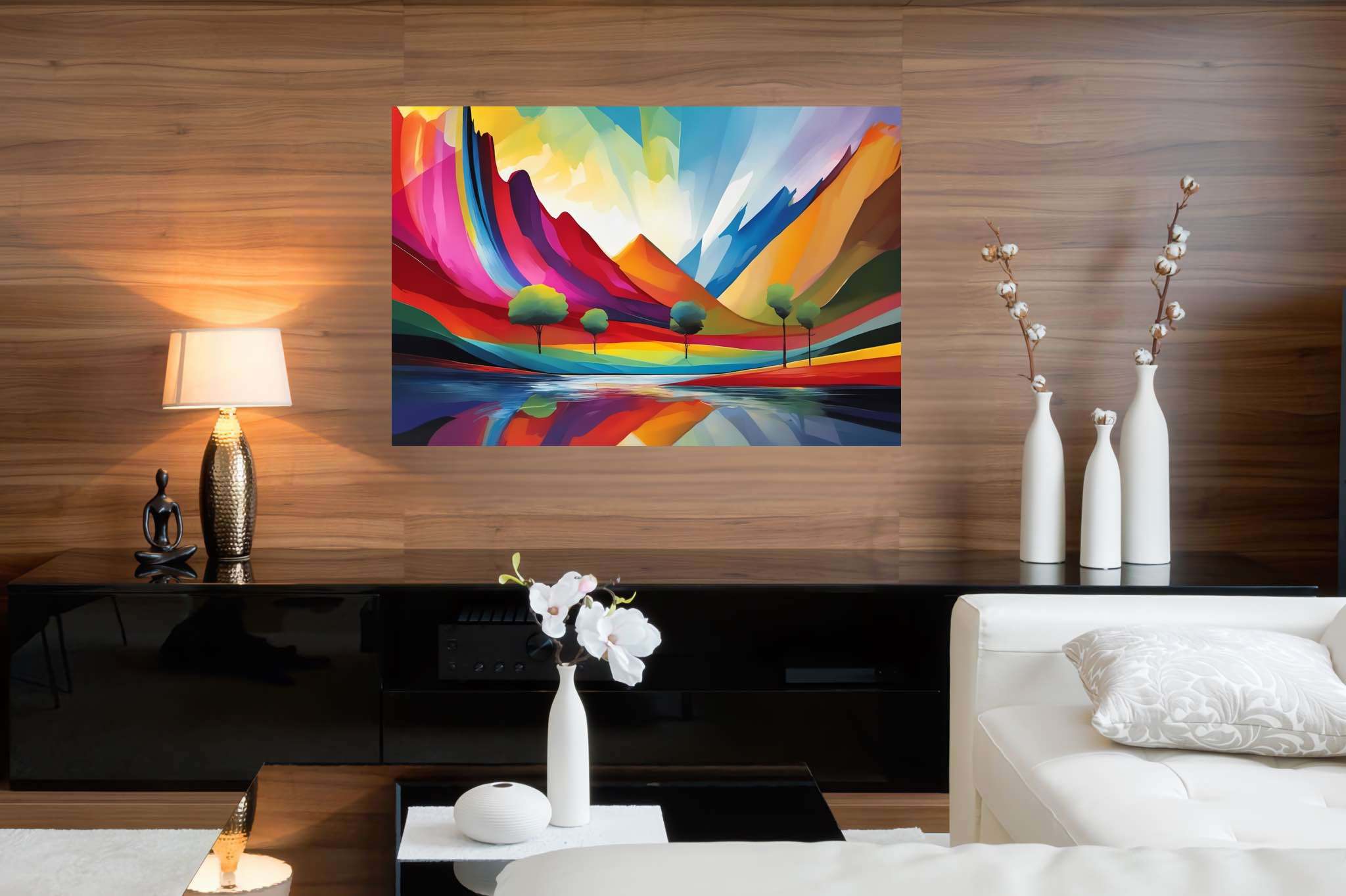Chromatic summits serenade: Vibrant landscape art with vibrant artistic landscapes, in a room with urban design, mural artworks, and home furnishings. The art can be printed on poster, framed poster, canvas, metal, acrylic or wood, exclusively at WallArtZen. Find this exact print at https://wallartzen.com/waz221