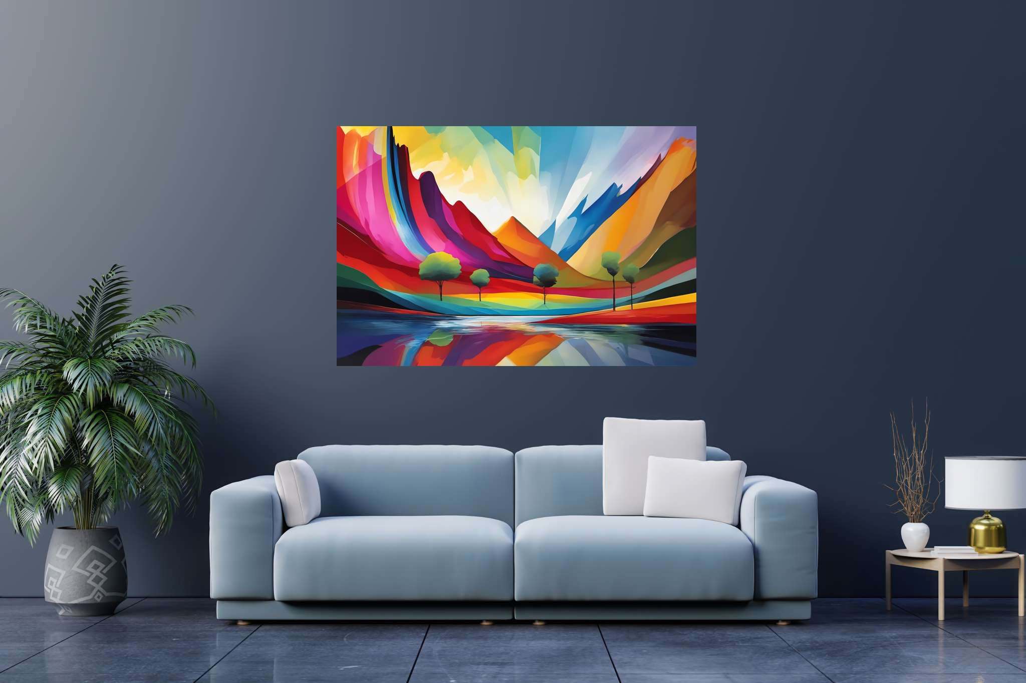 Chromatic summits serenade: Vibrant landscape art with lively nature, in a room with contemporary flair, wall art, and interior decorations. The art can be printed on poster, framed poster, canvas, metal, acrylic or wood, exclusively at WallArtZen. Find this exact print at https://wallartzen.com/waz221