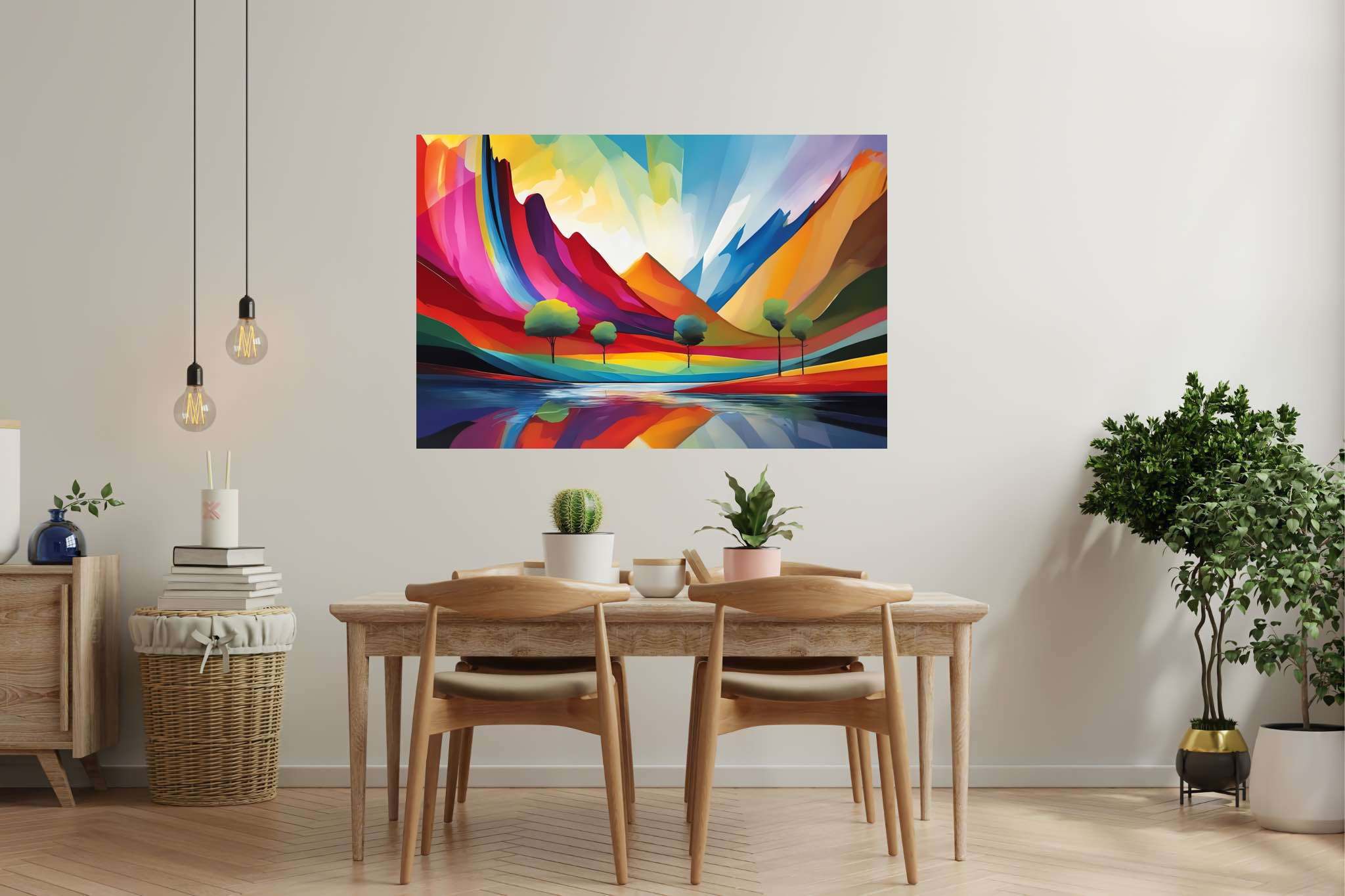 Chromatic summits serenade: Vibrant landscape art with dynamic nature paintings, in a room with contemporary flair, fine art prints, and luxe decor. The art can be printed on poster, framed poster, canvas, metal, acrylic or wood, exclusively at WallArtZen. Find this exact print at https://wallartzen.com/waz221
