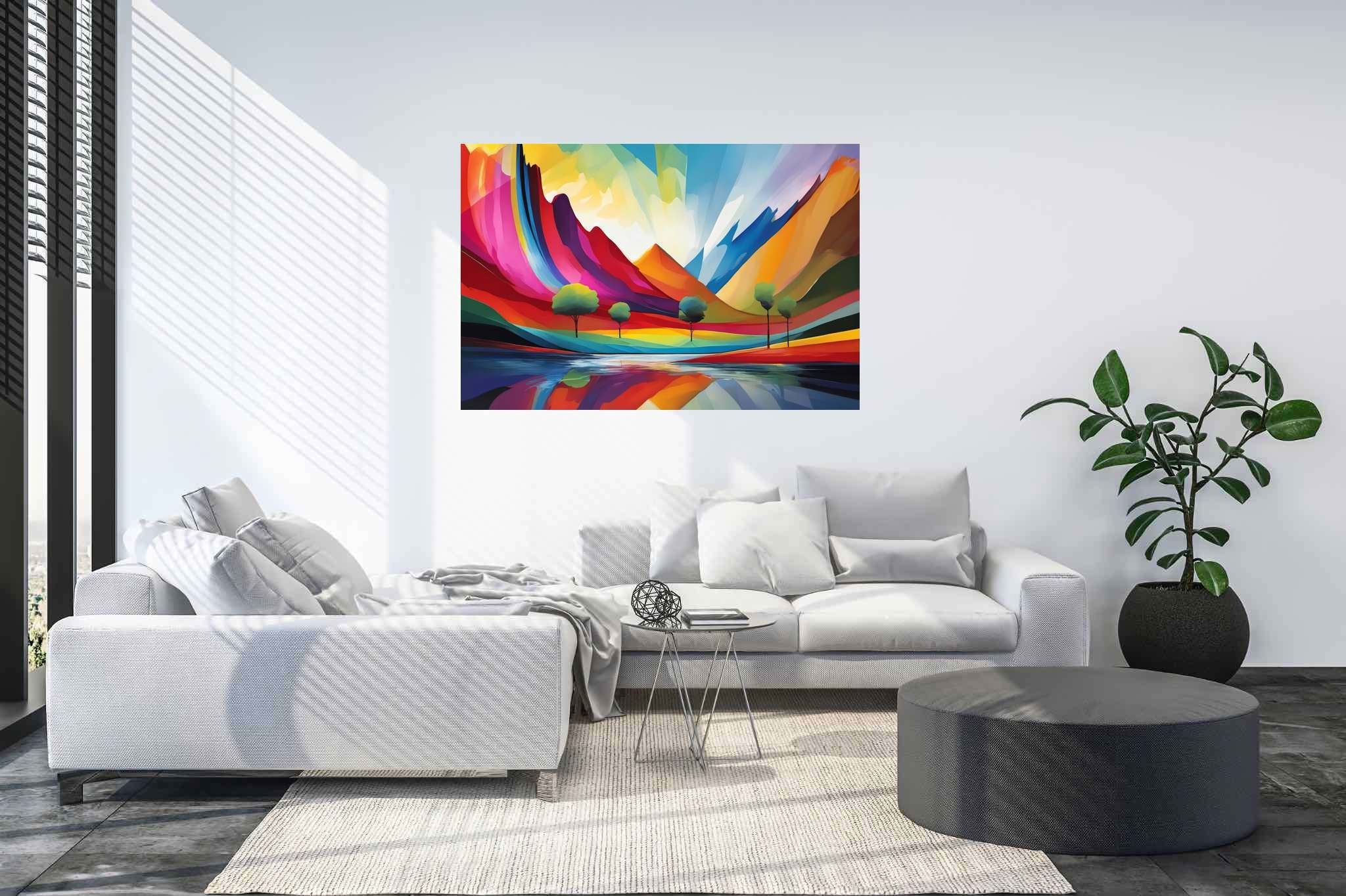 Chromatic summits serenade: Vibrant landscape art with colorful countryside, in a room with urban design, abstract paintings, and artisan decor. The art can be printed on poster, framed poster, canvas, metal, acrylic or wood, exclusively at WallArtZen. Find this exact print at https://wallartzen.com/waz221