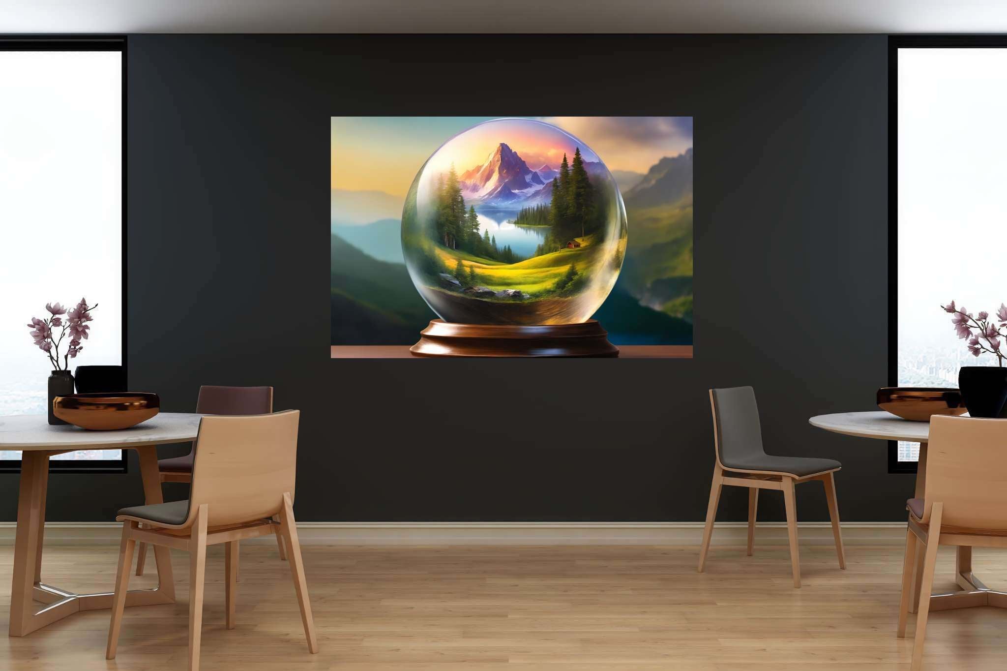 Serene peaks in glass mosaic: Globe art with globe-inspired creations, in a room with contemporary flair, bespoke art designs, and elegant home goods. The art can be printed on poster, framed poster, canvas, metal, acrylic or wood, exclusively at WallArtZen. Find this exact print at https://wallartzen.com/waz222