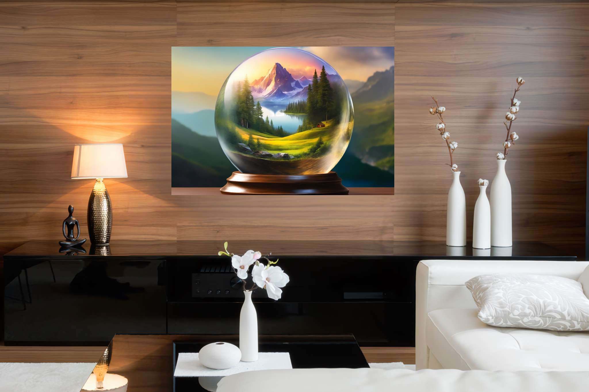 Serene peaks in glass mosaic: Globe art with worldwide artistic expressions, in a room with innovative layout, framed art, and designer furniture. The art can be printed on poster, framed poster, canvas, metal, acrylic or wood, exclusively at WallArtZen. Find this exact print at https://wallartzen.com/waz222