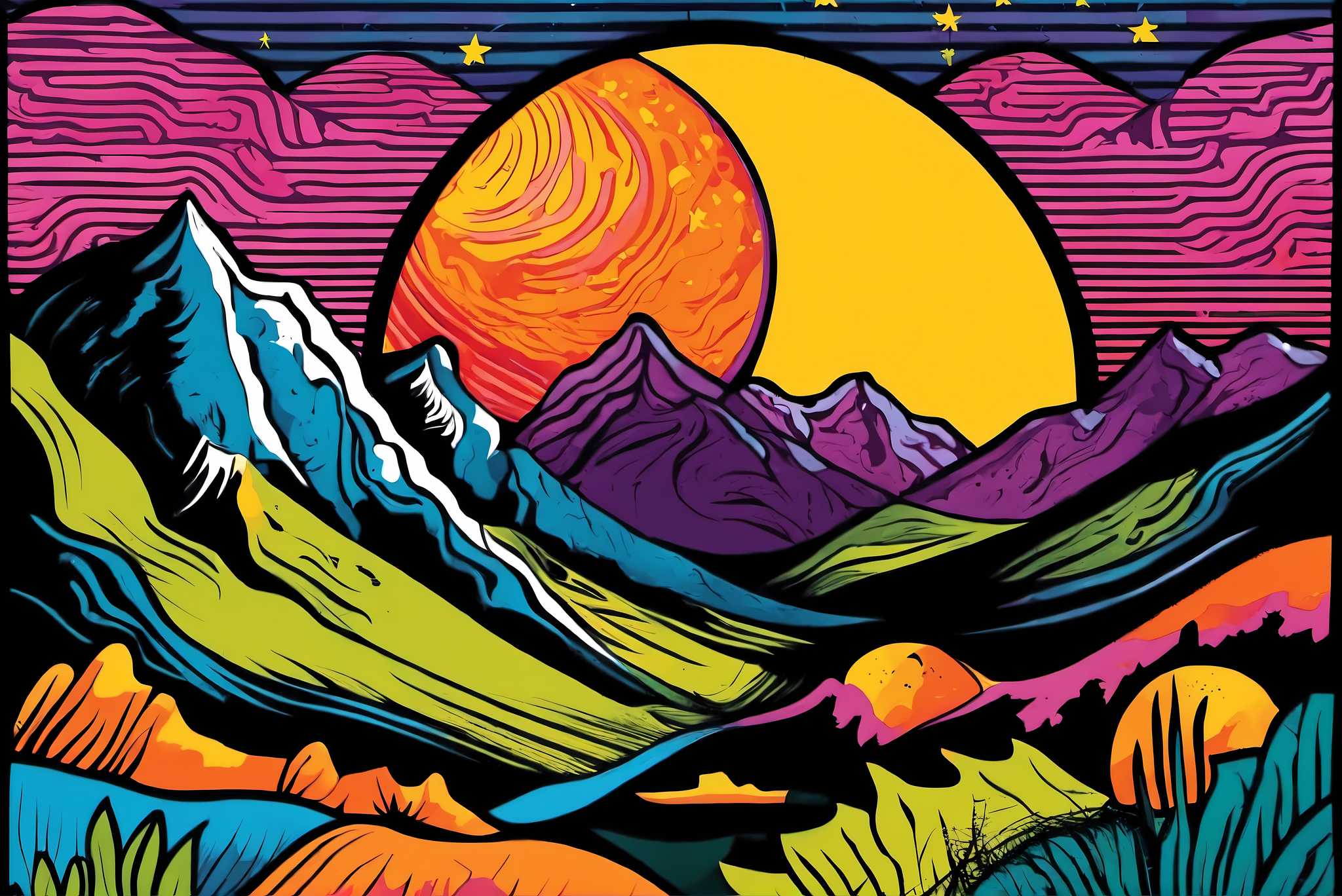 Twilight serenade by peaks: Vibrant landscape art with vibrant landscape art, in a room with minimalist approach, fine art prints, and interior decorations. The art can be printed on poster, framed poster, canvas, metal, acrylic or wood, exclusively at WallArtZen. Find this exact print at https://wallartzen.com/waz223