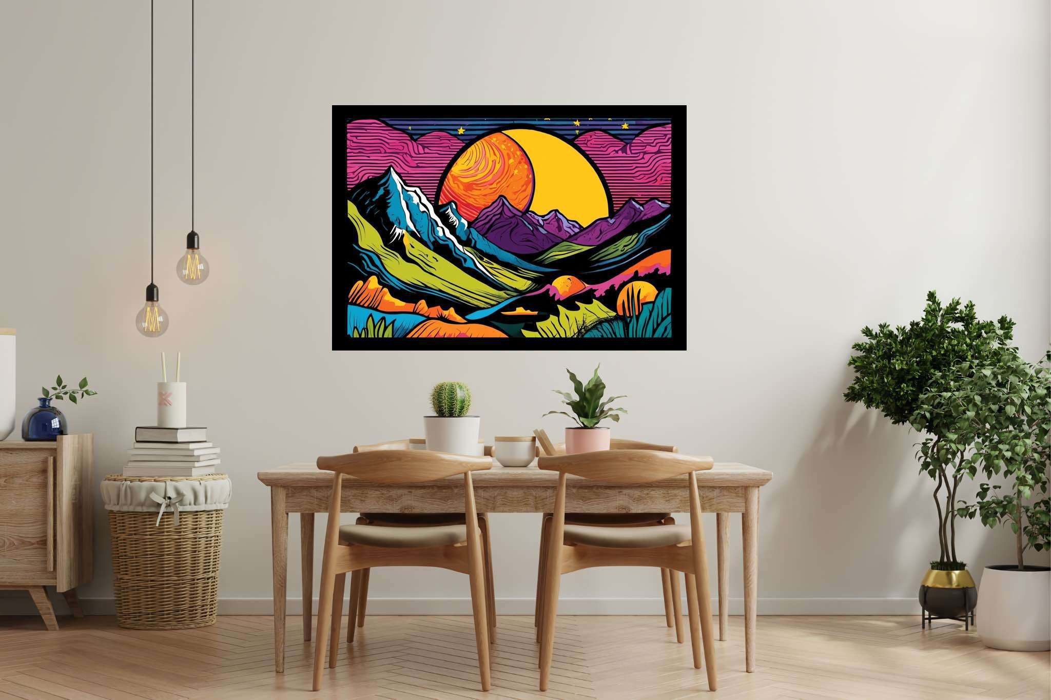 Twilight serenade by peaks: Vibrant landscape art with vibrant pastoral paintings, in a room with modern style, bespoke art designs, and elegant home goods. The art can be printed on poster, framed poster, canvas, metal, acrylic or wood, exclusively at WallArtZen. Find this exact print at https://wallartzen.com/waz223