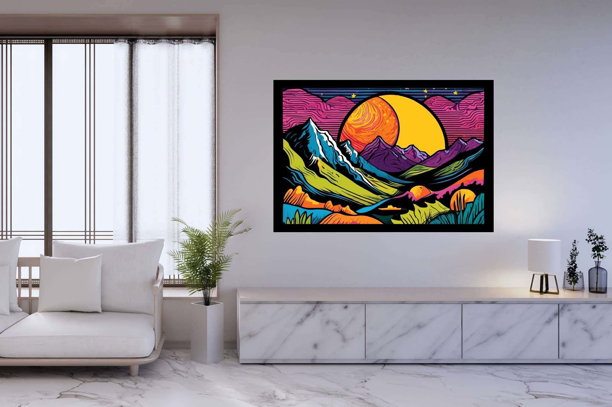 Twilight serenade by peaks: Vibrant landscape art with energetic landscape artwork, in a room with minimalist approach, gallery-quality artwork, and home furnishings. The art can be printed on poster, framed poster, canvas, metal, acrylic or wood, exclusively at WallArtZen. Find this exact print at https://wallartzen.com/waz223
