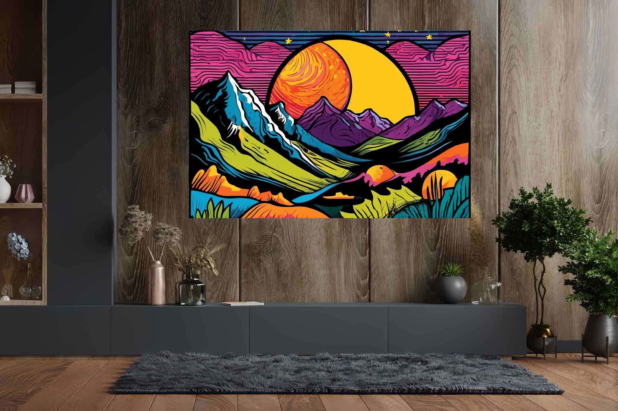 Twilight serenade by peaks: Vibrant landscape art with vibrant landscape illustrations, in a room with artistic style, photographic wall art, and stylish accessories. The art can be printed on poster, framed poster, canvas, metal, acrylic or wood, exclusively at WallArtZen. Find this exact print at https://wallartzen.com/waz223