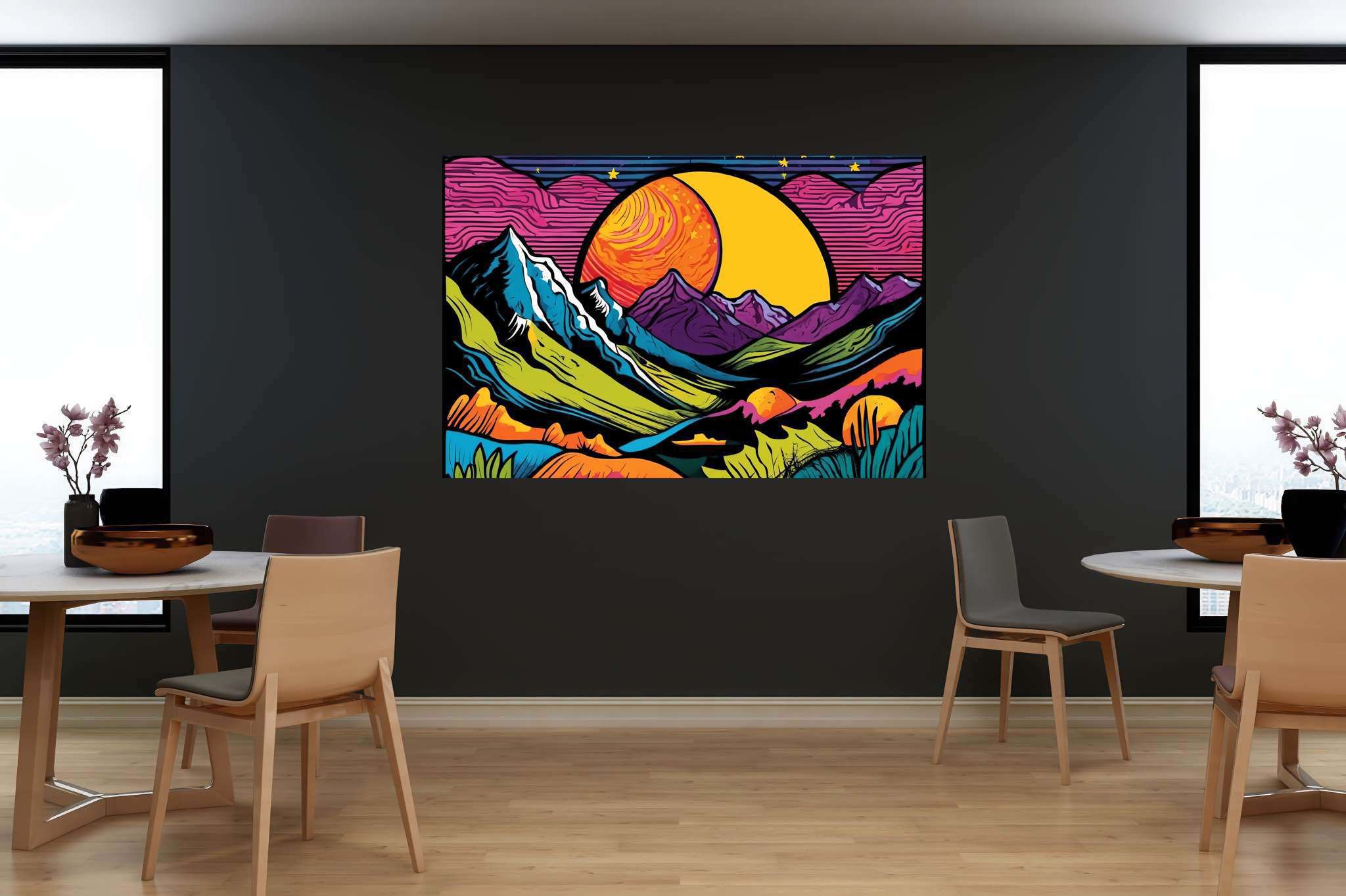 Twilight serenade by peaks: Vibrant landscape art with vibrant landscape illustrations, in a room with contemporary flair, framed art, and artisan decor. The art can be printed on poster, framed poster, canvas, metal, acrylic or wood, exclusively at WallArtZen. Find this exact print at https://wallartzen.com/waz223
