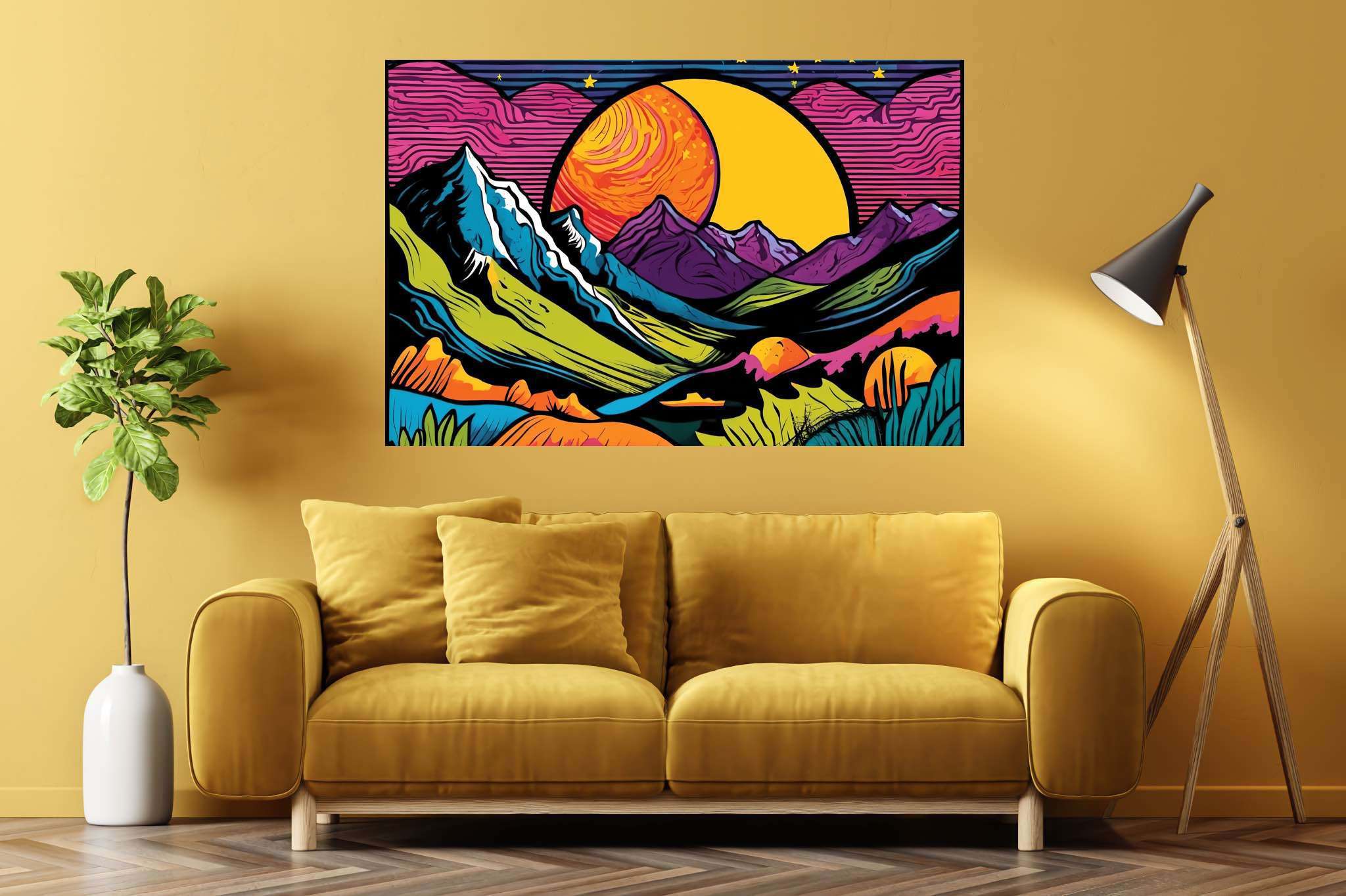 Twilight serenade by peaks: Vibrant landscape art with vibrant landscape illustrations, in a room with chic decor, photographic wall art, and trendy home accents. The art can be printed on poster, framed poster, canvas, metal, acrylic or wood, exclusively at WallArtZen. Find this exact print at https://wallartzen.com/waz223