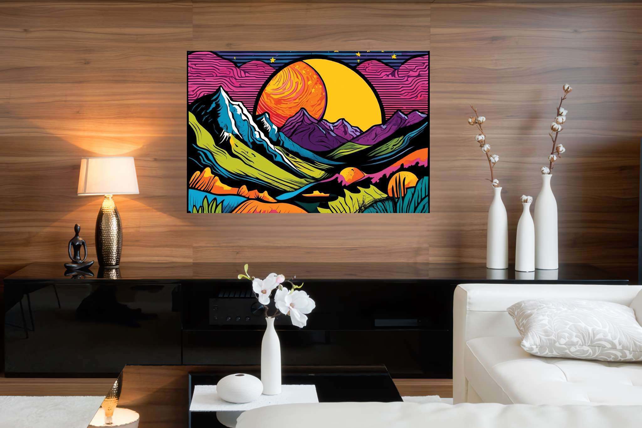 Twilight serenade by peaks: Vibrant landscape art with lively outdoor landscapes, in a room with elegant layout, gallery-quality artwork, and trendy home accents. The art can be printed on poster, framed poster, canvas, metal, acrylic or wood, exclusively at WallArtZen. Find this exact print at https://wallartzen.com/waz223