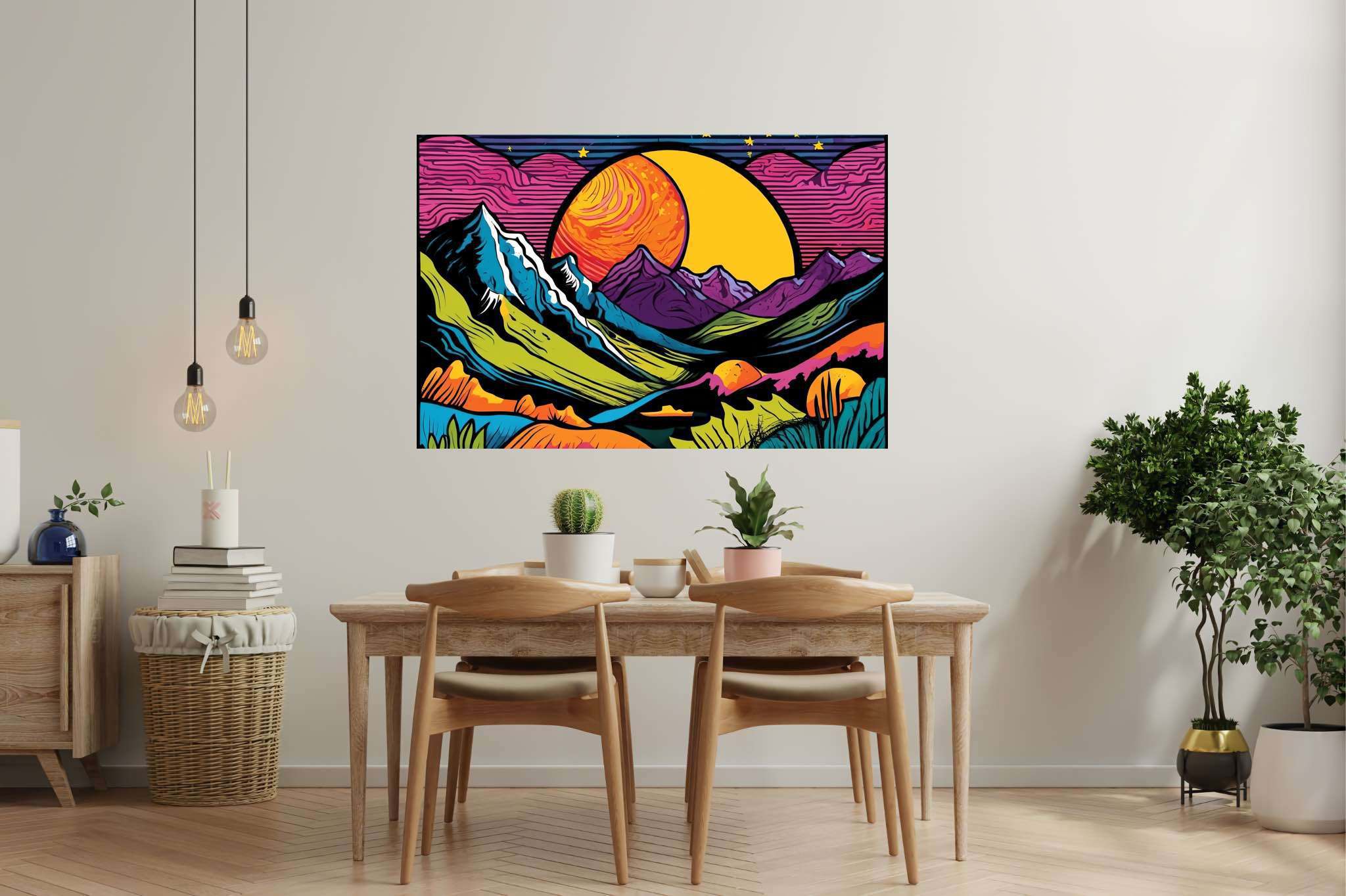 Twilight serenade by peaks: Vibrant landscape art with dynamic nature scenery, in a room with contemporary flair, bespoke art designs, and home styling items. The art can be printed on poster, framed poster, canvas, metal, acrylic or wood, exclusively at WallArtZen. Find this exact print at https://wallartzen.com/waz223