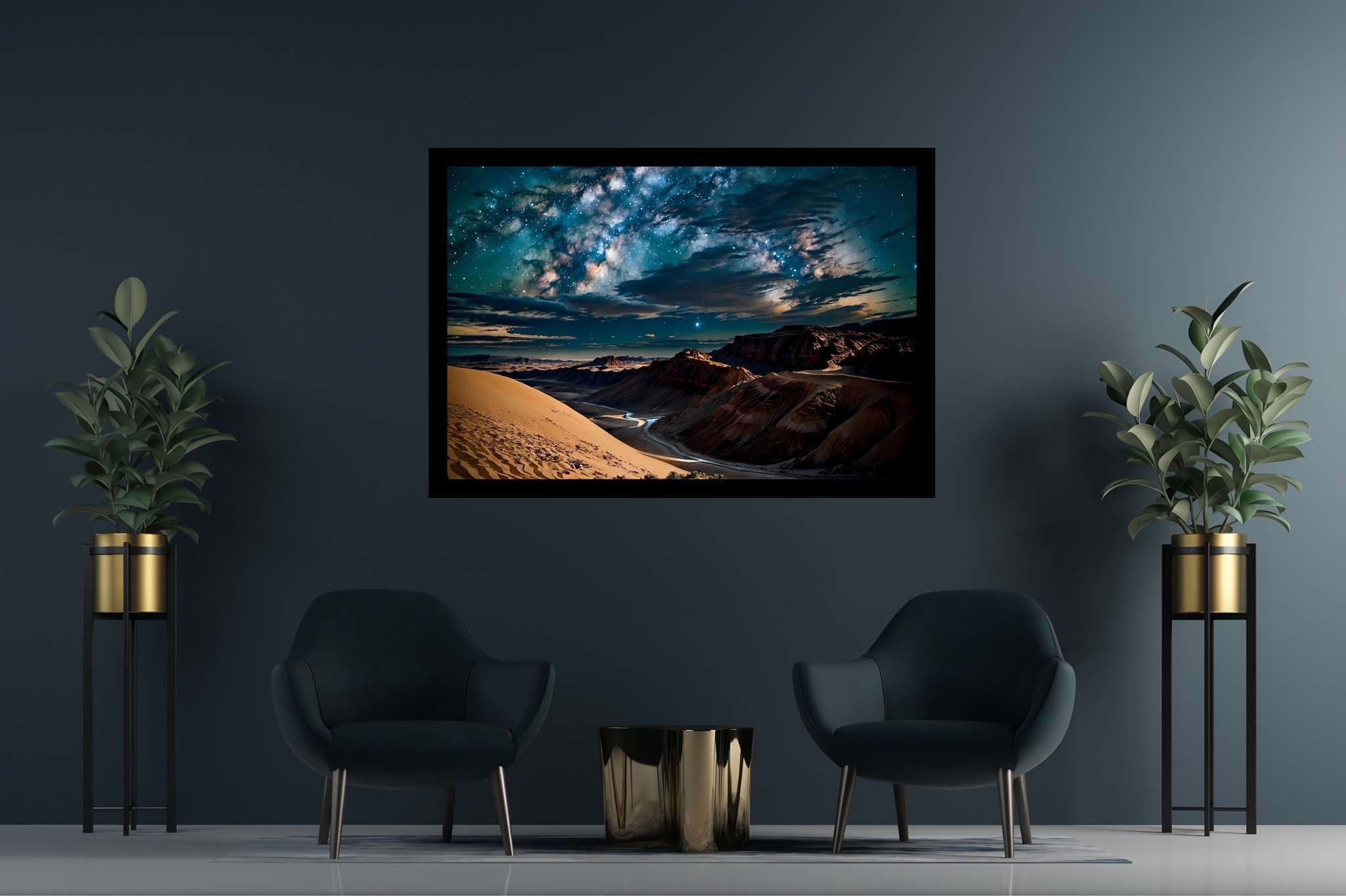 Stardust canopy dreams: Night sky art with night sky art, in a room with great design, wall art, and artisan decor. The art can be printed on poster, framed poster, canvas, metal, acrylic or wood, exclusively at WallArtZen. Find this exact print at https://wallartzen.com/waz224