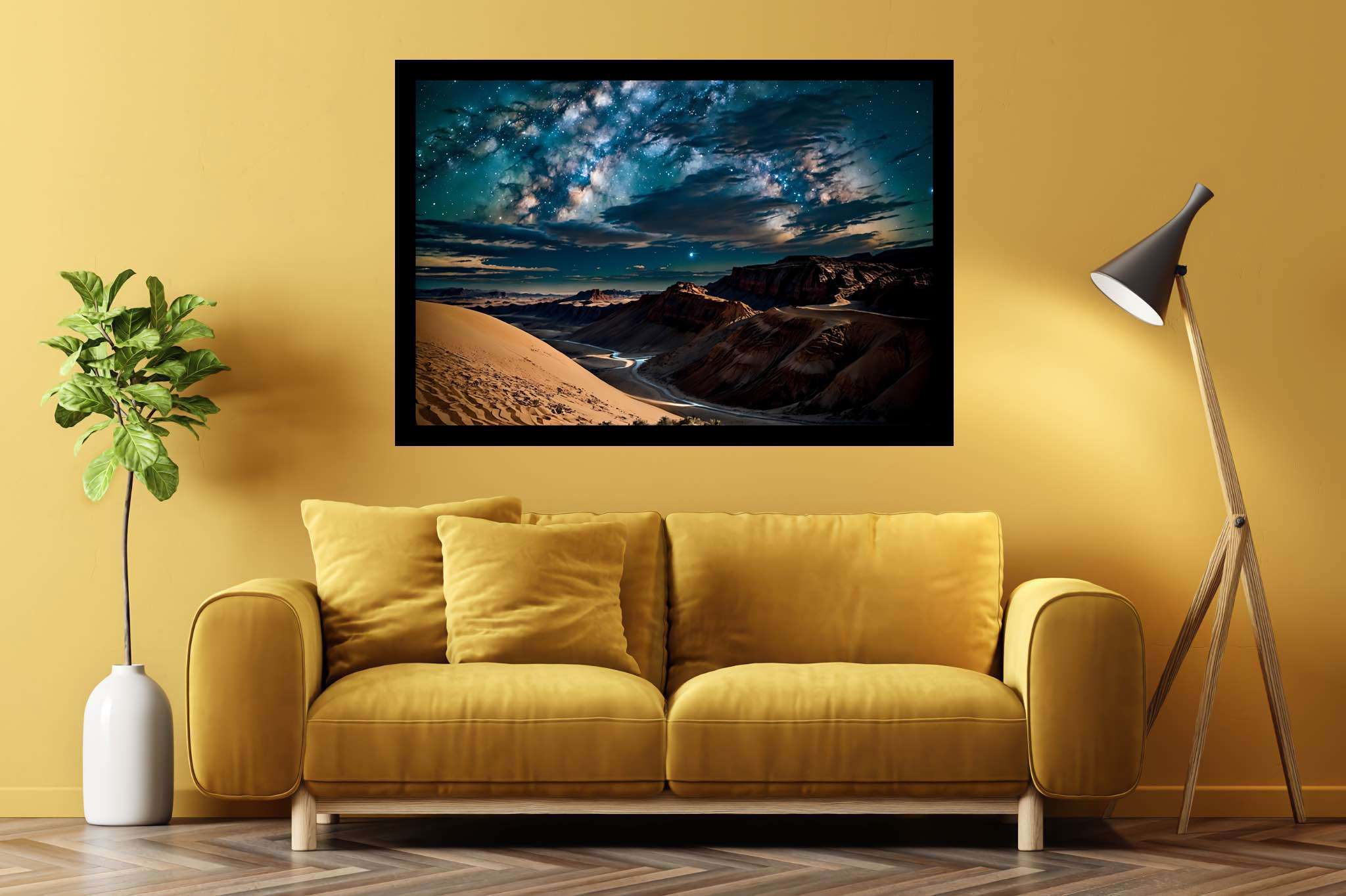 Stardust canopy dreams: Night sky art with night sky art, in a room with urban design, gallery-quality artwork, and stylish accessories. The art can be printed on poster, framed poster, canvas, metal, acrylic or wood, exclusively at WallArtZen. Find this exact print at https://wallartzen.com/waz224