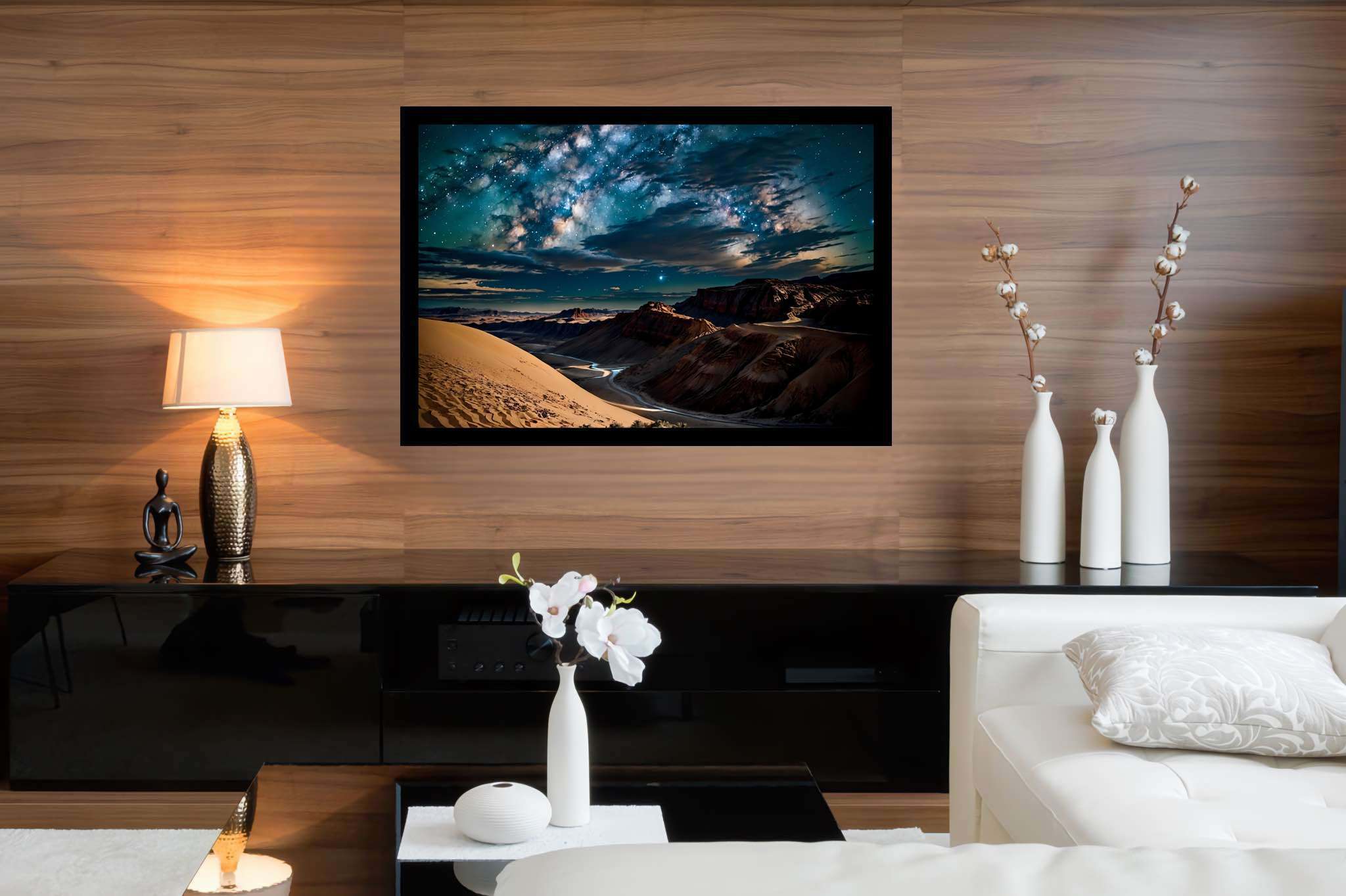 Stardust canopy dreams: Night sky art with cosmic artwork, in a room with elegant layout, fine art prints, and home furnishings. The art can be printed on poster, framed poster, canvas, metal, acrylic or wood, exclusively at WallArtZen. Find this exact print at https://wallartzen.com/waz224