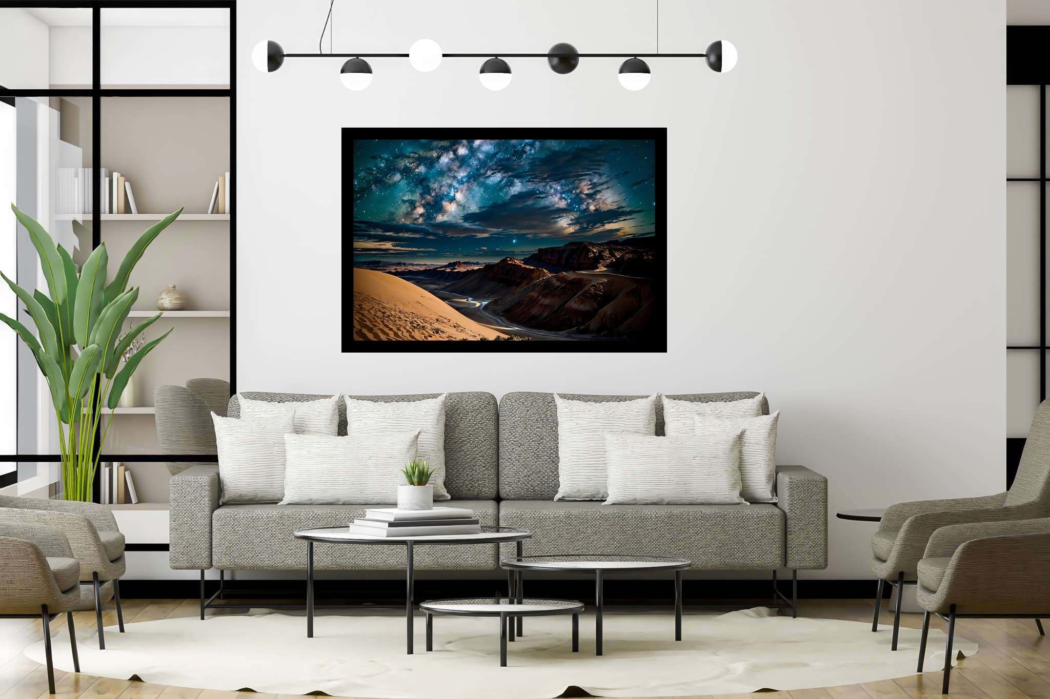 Stardust canopy dreams: Night sky art with cosmic artwork, in a room with contemporary flair, framed art, and decorative pieces. The art can be printed on poster, framed poster, canvas, metal, acrylic or wood, exclusively at WallArtZen. Find this exact print at https://wallartzen.com/waz224