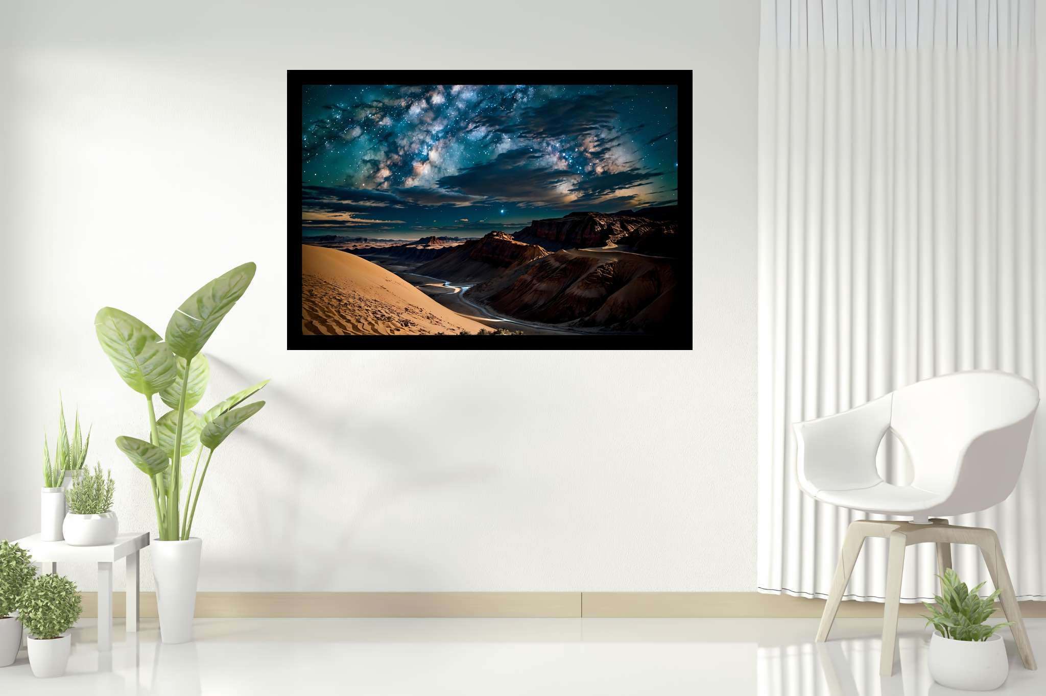 Stardust canopy dreams: Night sky art with cosmic artwork, in a room with contemporary flair, bespoke art designs, and luxe decor. The art can be printed on poster, framed poster, canvas, metal, acrylic or wood, exclusively at WallArtZen. Find this exact print at https://wallartzen.com/waz224