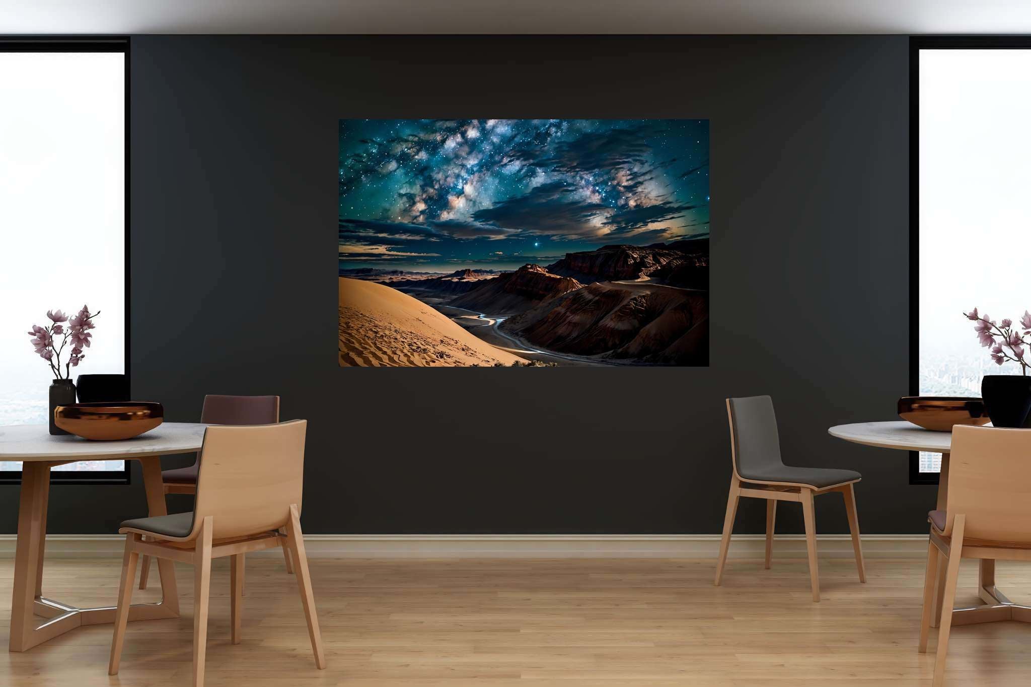 Stardust canopy dreams: Night sky art with night sky portraits, in a room with urban design, mural artworks, and luxe decor. The art can be printed on poster, framed poster, canvas, metal, acrylic or wood, exclusively at WallArtZen. Find this exact print at https://wallartzen.com/waz224