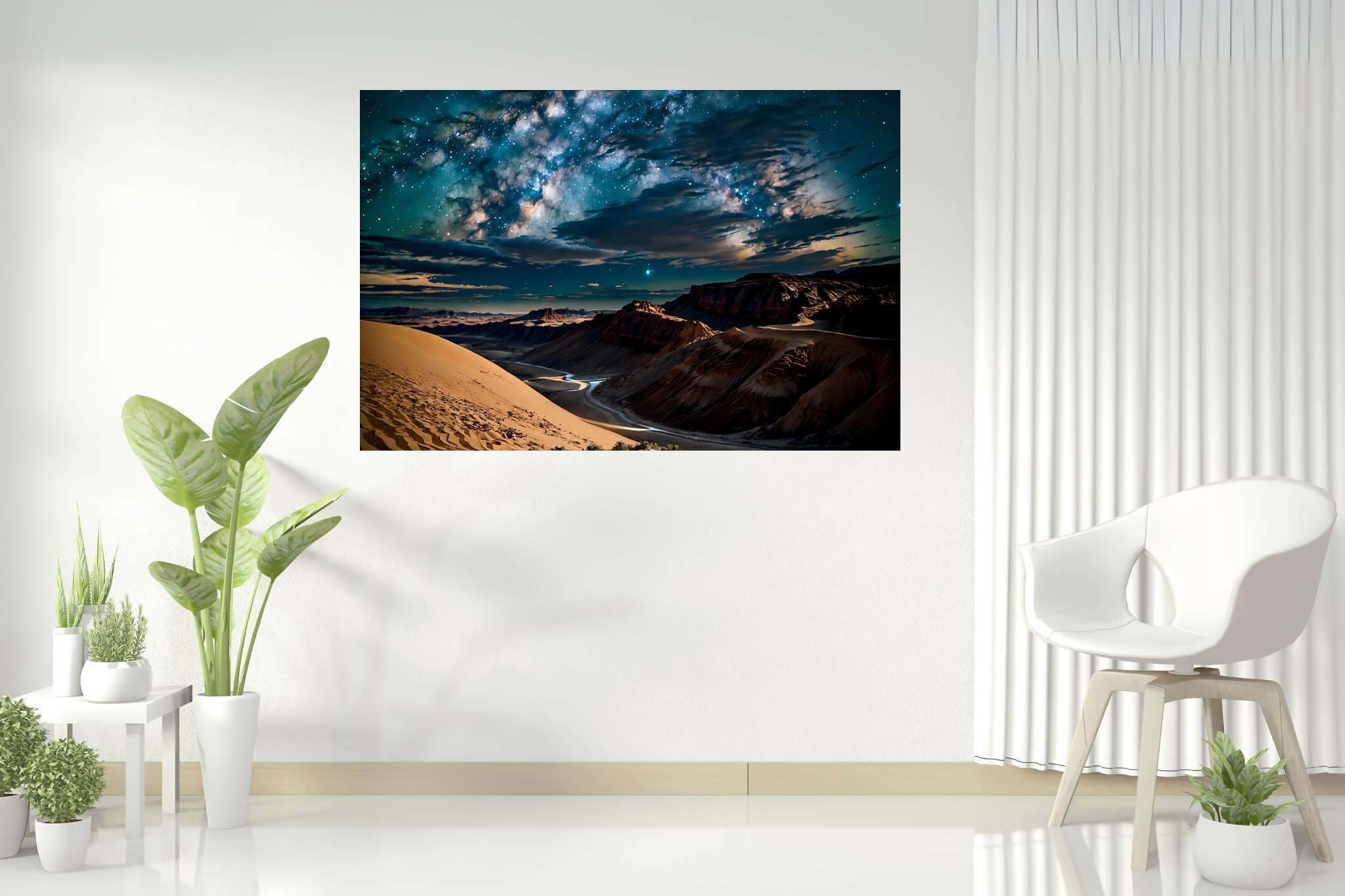 Stardust canopy dreams: Night sky art with celestial-themed creations, in a room with classic elegance, wall art, and designer furniture. The art can be printed on poster, framed poster, canvas, metal, acrylic or wood, exclusively at WallArtZen. Find this exact print at https://wallartzen.com/waz224