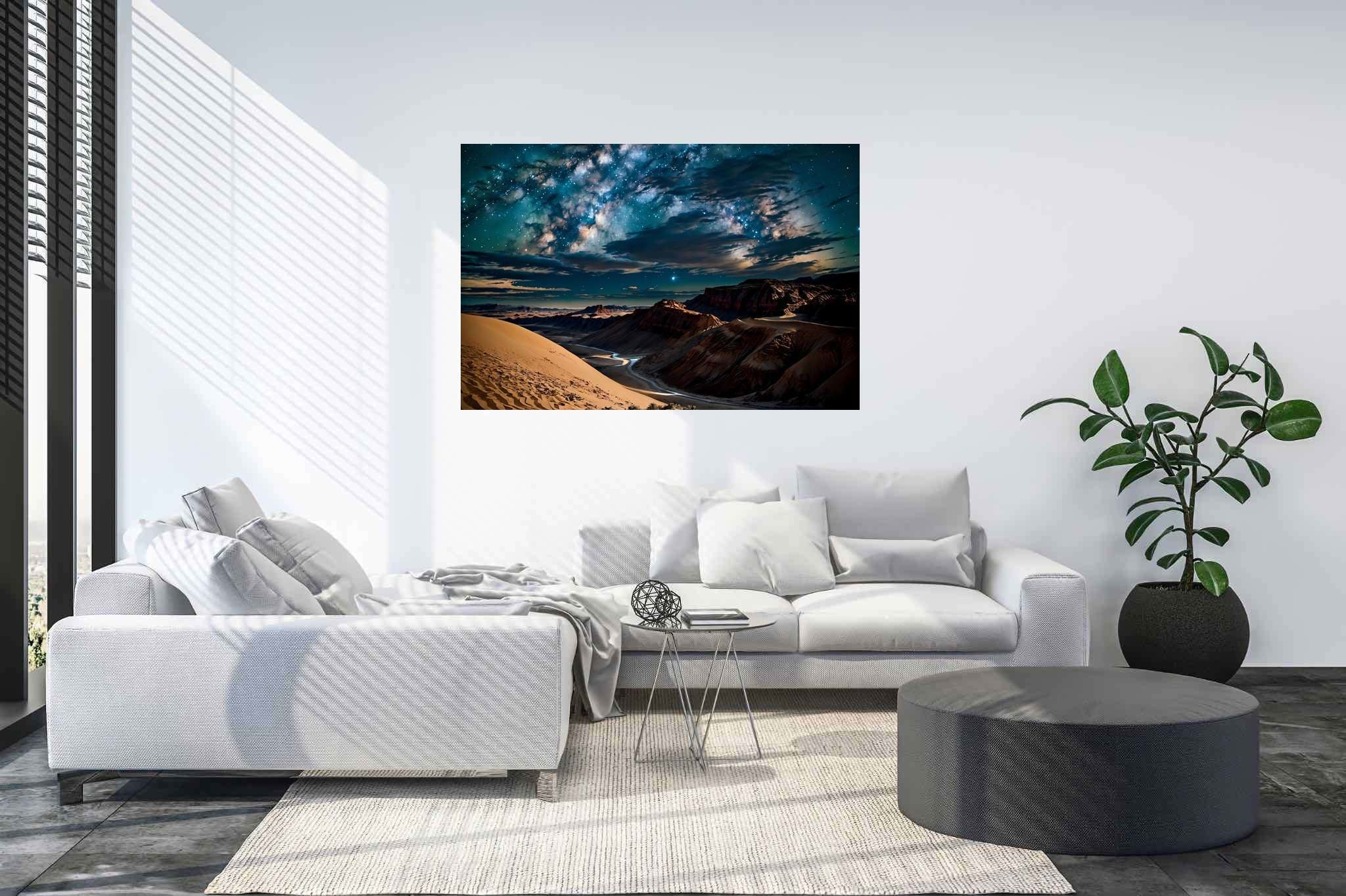 Stardust canopy dreams: Night sky art with cosmic artwork, in a room with modern style, wall hangings, and luxe decor. The art can be printed on poster, framed poster, canvas, metal, acrylic or wood, exclusively at WallArtZen. Find this exact print at https://wallartzen.com/waz224