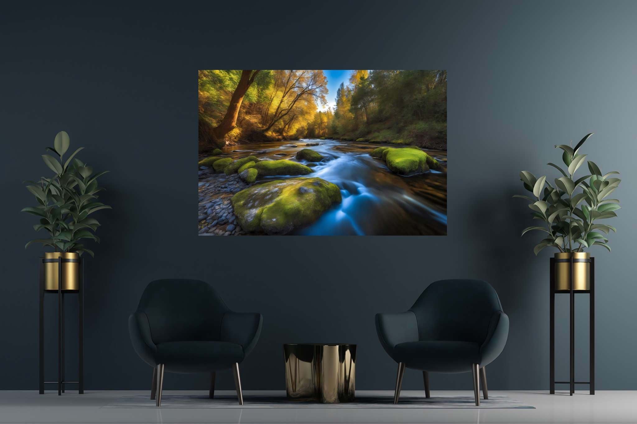Riversong of stillness: Serenity art with relaxation, in a room with innovative layout, photographic wall art, and decorative pieces. The art can be printed on poster, framed poster, canvas, metal, acrylic or wood, exclusively at WallArtZen. Find this exact print at https://wallartzen.com/waz225