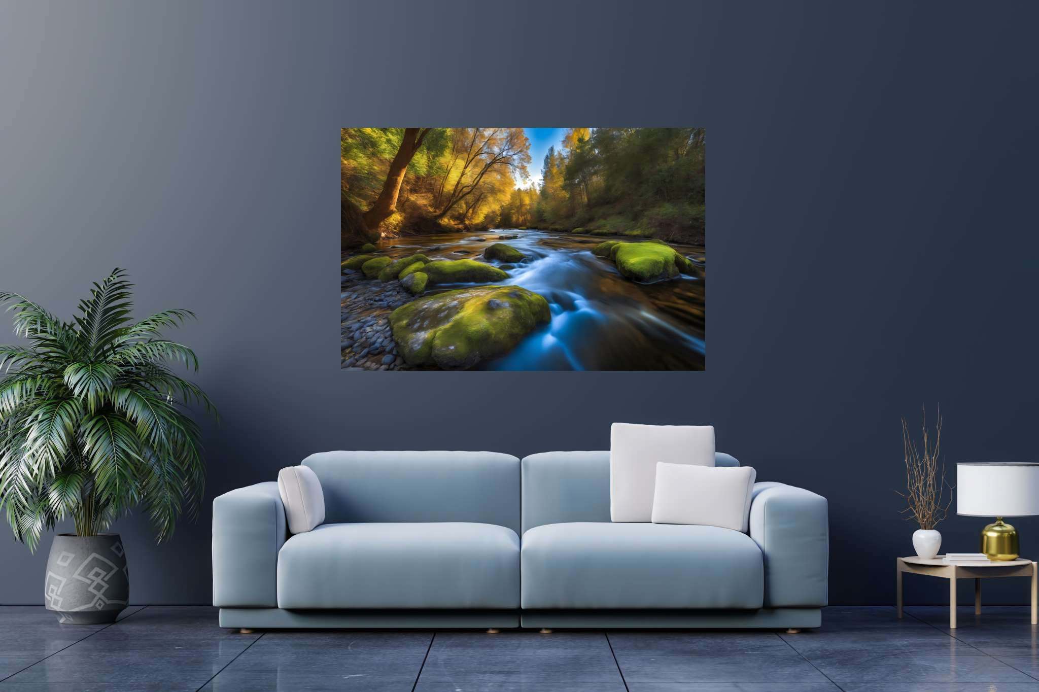 Riversong of stillness: Serenity art with zen art, in a room with great design, digital art pieces, and stylish accessories. The art can be printed on poster, framed poster, canvas, metal, acrylic or wood, exclusively at WallArtZen. Find this exact print at https://wallartzen.com/waz225