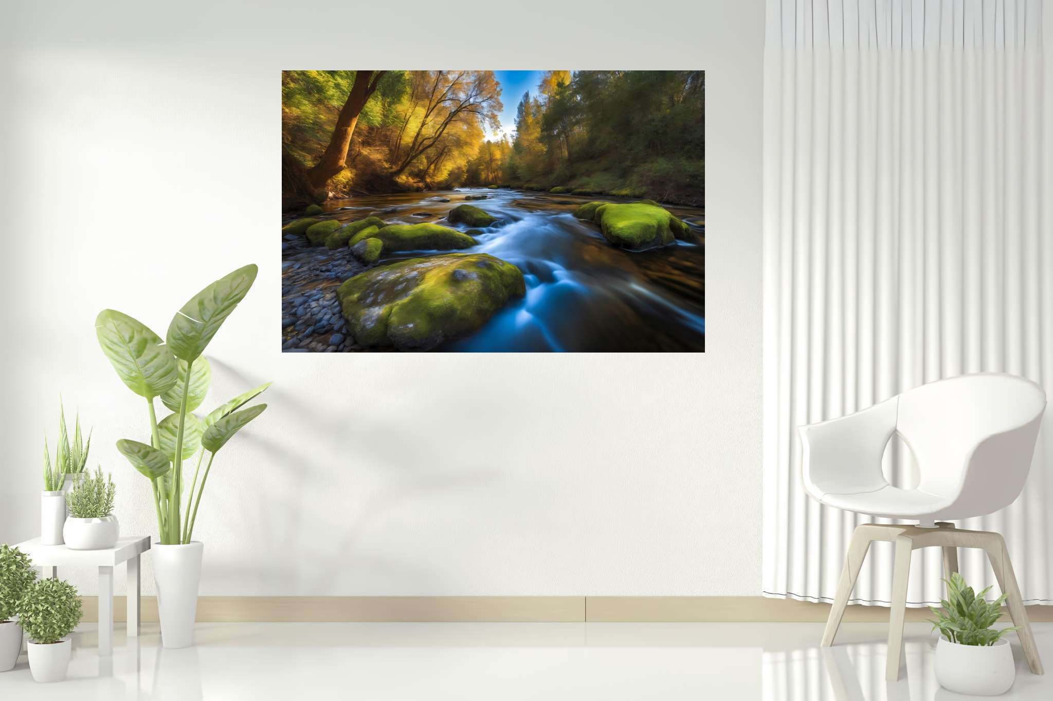 Riversong of stillness: Serenity art with serenity art, in a room with great design, wall art, and designer furniture. The art can be printed on poster, framed poster, canvas, metal, acrylic or wood, exclusively at WallArtZen. Find this exact print at https://wallartzen.com/waz225