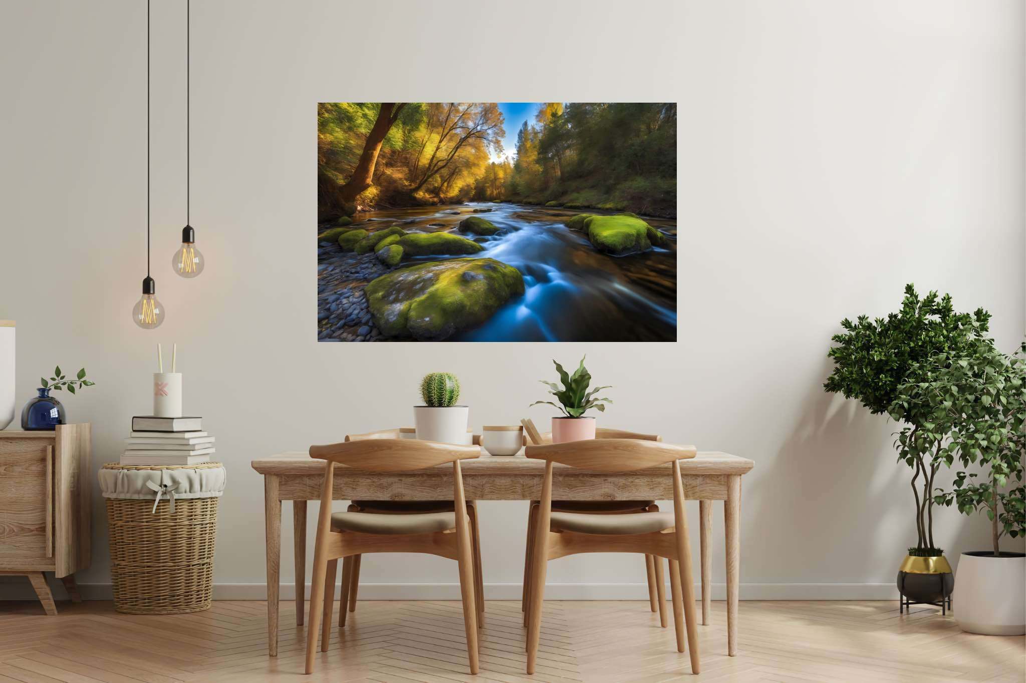 Riversong of stillness: Serenity art with inner peace, in a room with urban design, digital art pieces, and designer furniture. The art can be printed on poster, framed poster, canvas, metal, acrylic or wood, exclusively at WallArtZen. Find this exact print at https://wallartzen.com/waz225