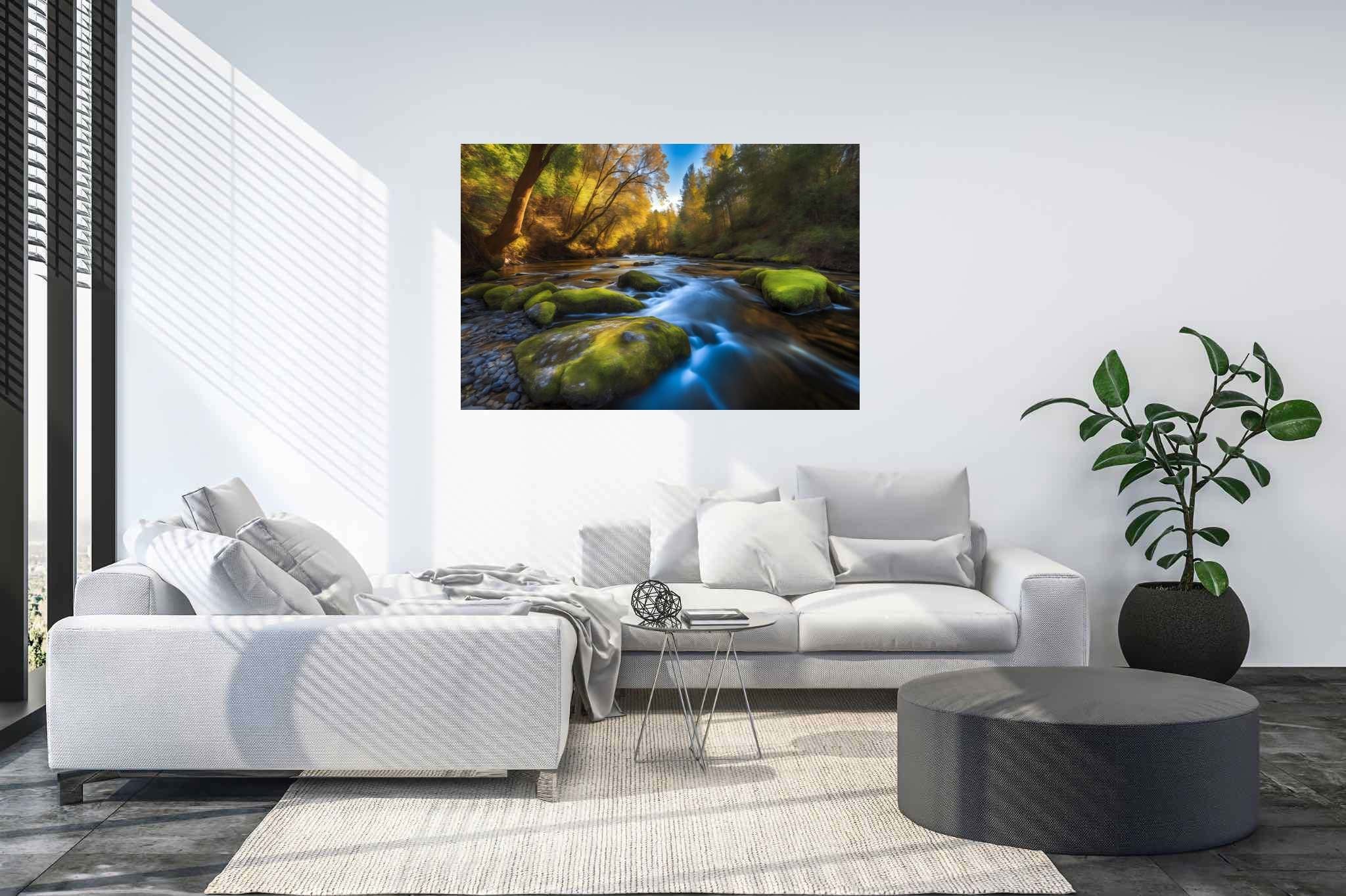 Riversong of stillness: Serenity art with peacefulness, in a room with contemporary flair, photographic wall art, and home furnishings. The art can be printed on poster, framed poster, canvas, metal, acrylic or wood, exclusively at WallArtZen. Find this exact print at https://wallartzen.com/waz225