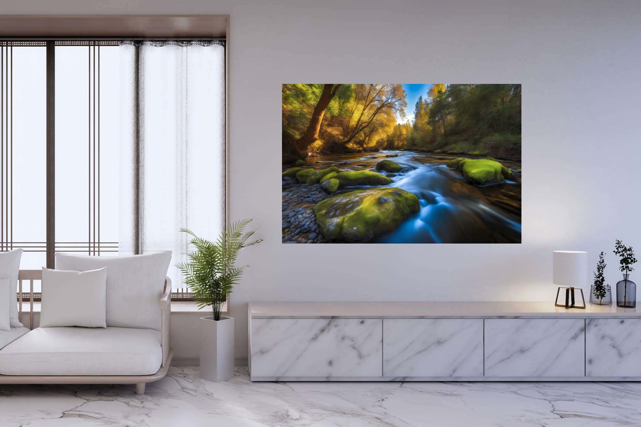 Riversong of stillness: Serenity art with serenity painting, in a room with minimalist approach, mural artworks, and decorative pieces. The art can be printed on poster, framed poster, canvas, metal, acrylic or wood, exclusively at WallArtZen. Find this exact print at https://wallartzen.com/waz225