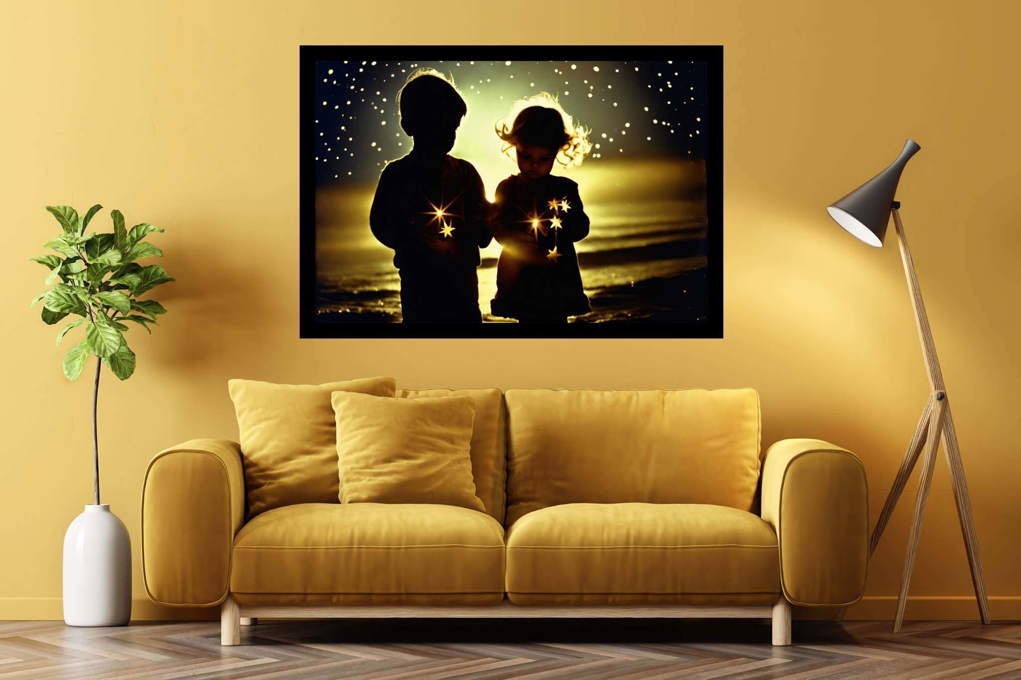Galaxy playgrounds unfolding: Children art with imaginative art, in a room with modern style, wall hangings, and decorative pieces. The art can be printed on poster, framed poster, canvas, metal, acrylic or wood, exclusively at WallArtZen. Find this exact print at https://wallartzen.com/waz226