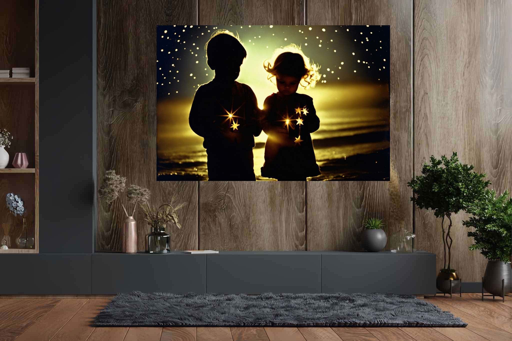 Galaxy playgrounds unfolding: Children art with artistic exploration, in a room with classic elegance, mural artworks, and home styling items. The art can be printed on poster, framed poster, canvas, metal, acrylic or wood, exclusively at WallArtZen. Find this exact print at https://wallartzen.com/waz226