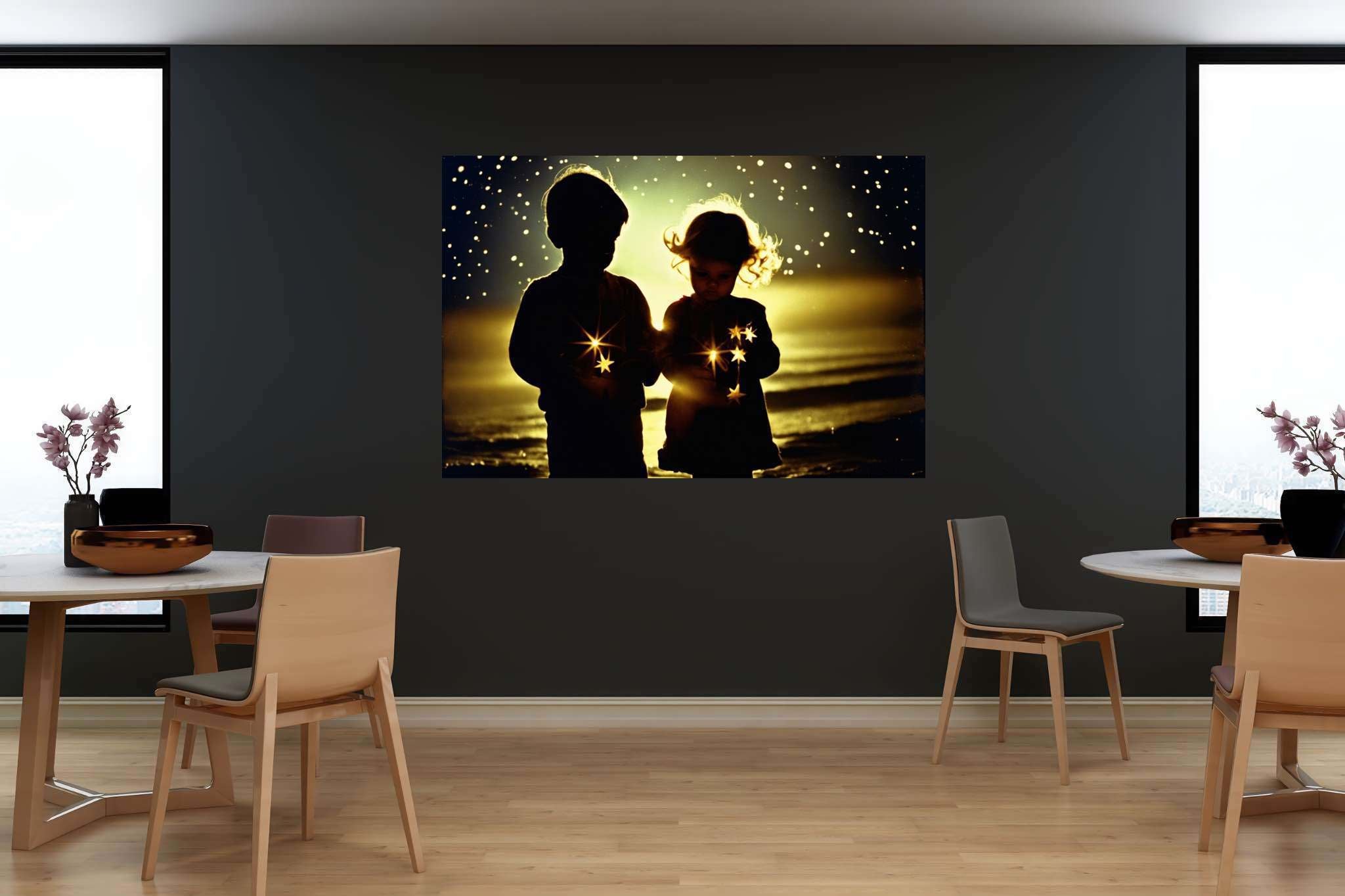 Galaxy playgrounds unfolding: Children art with art and kids joy, in a room with urban design, digital art pieces, and stylish accessories. The art can be printed on poster, framed poster, canvas, metal, acrylic or wood, exclusively at WallArtZen. Find this exact print at https://wallartzen.com/waz226