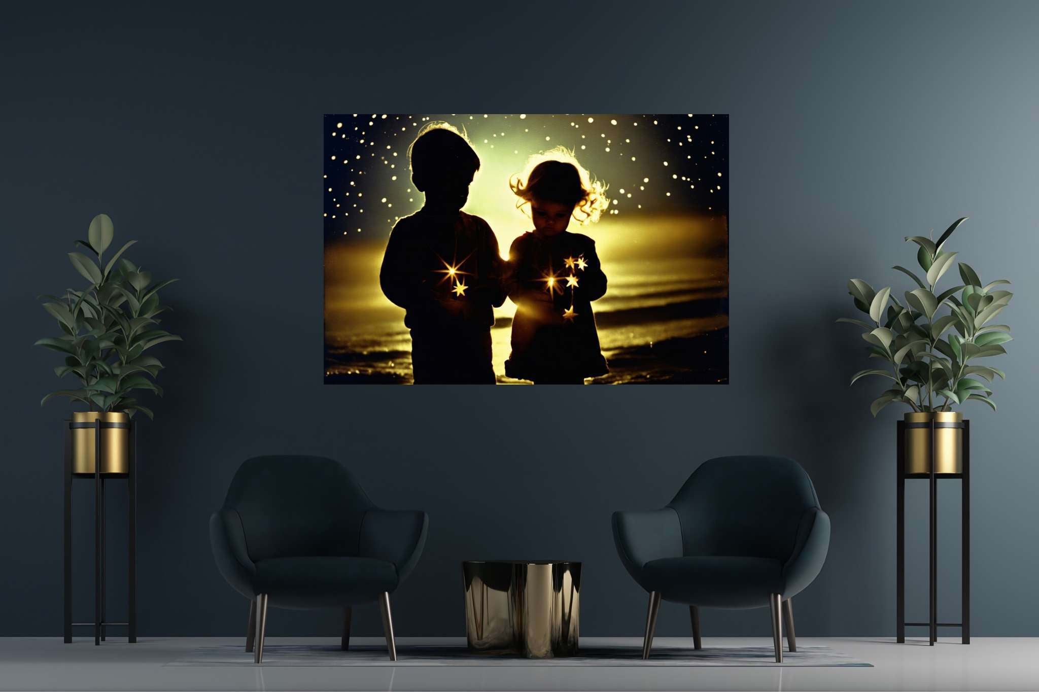 Galaxy playgrounds unfolding: Children art with art education, in a room with contemporary flair, mural artworks, and artisan decor. The art can be printed on poster, framed poster, canvas, metal, acrylic or wood, exclusively at WallArtZen. Find this exact print at https://wallartzen.com/waz226