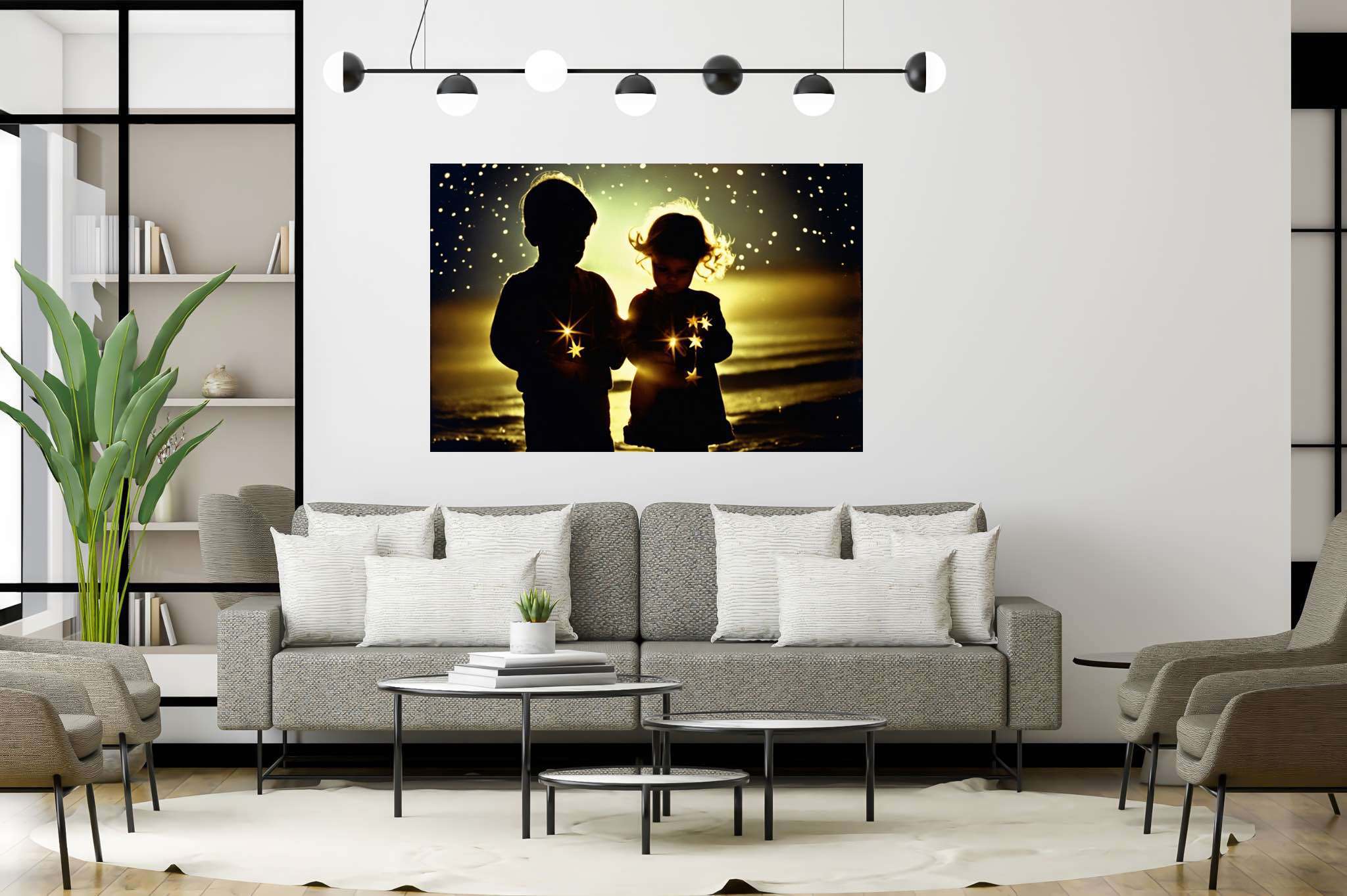 Galaxy playgrounds unfolding: Children art with imaginative art, in a room with modern style, framed art, and designer furniture. The art can be printed on poster, framed poster, canvas, metal, acrylic or wood, exclusively at WallArtZen. Find this exact print at https://wallartzen.com/waz226
