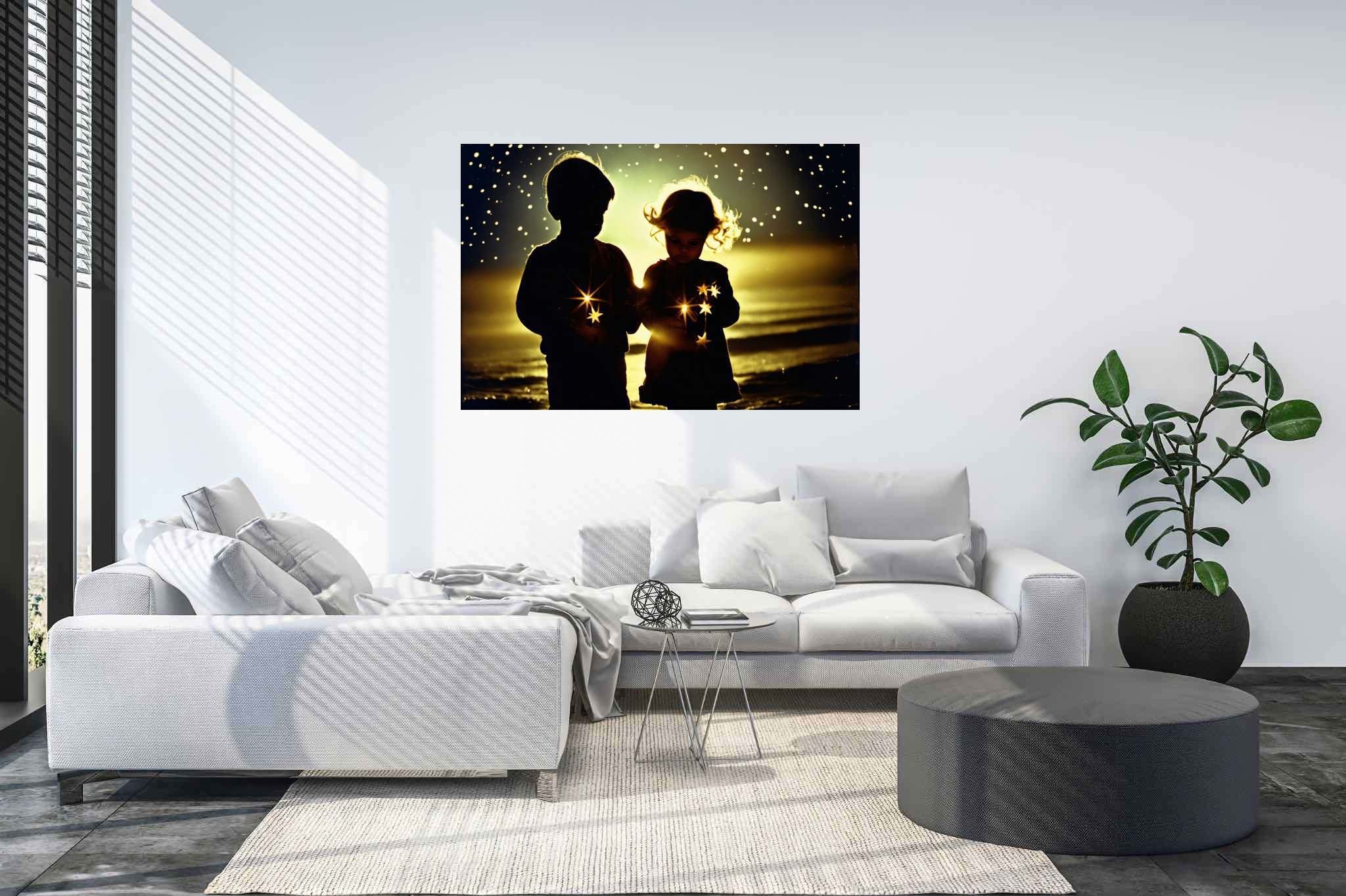 Galaxy playgrounds unfolding: Children art with creative childhood, in a room with urban design, gallery-quality artwork, and designer furniture. The art can be printed on poster, framed poster, canvas, metal, acrylic or wood, exclusively at WallArtZen. Find this exact print at https://wallartzen.com/waz226