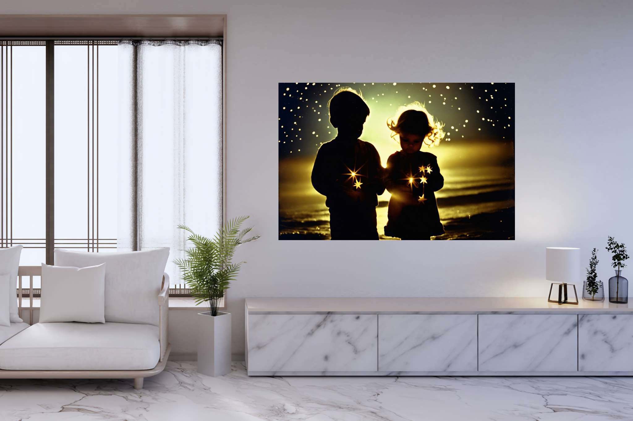 Galaxy playgrounds unfolding: Children art with child artist, in a room with urban design, canvas prints, and stylish accessories. The art can be printed on poster, framed poster, canvas, metal, acrylic or wood, exclusively at WallArtZen. Find this exact print at https://wallartzen.com/waz226