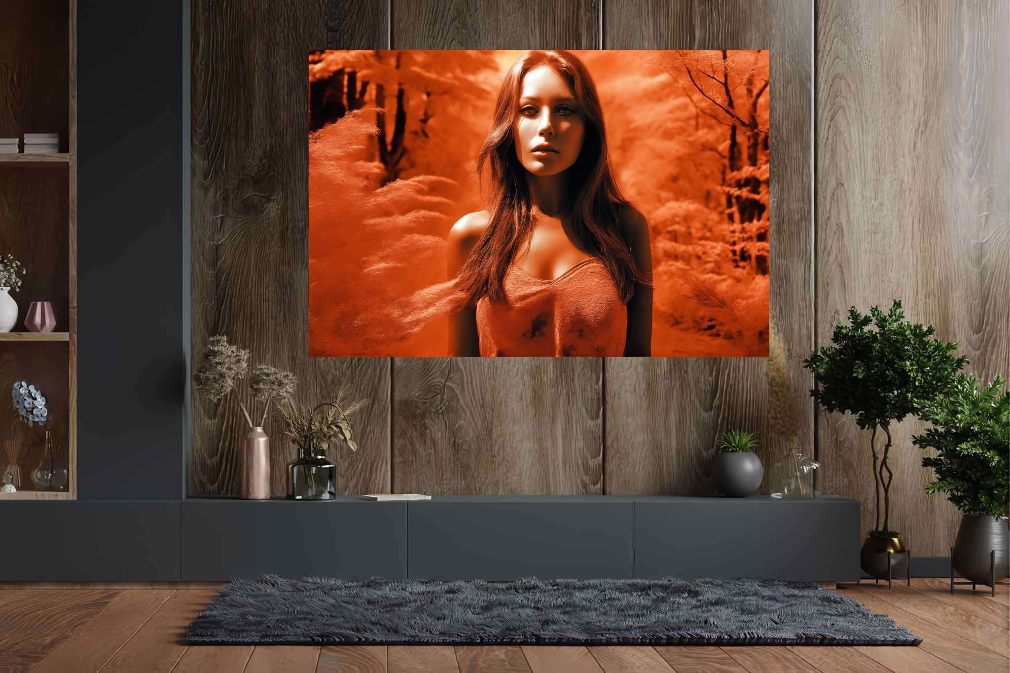 Crimson enigma veil: Mystery art with hidden art, in a room with contemporary flair, fine art prints, and interior decorations. The art can be printed on poster, framed poster, canvas, metal, acrylic or wood, exclusively at WallArtZen. Find this exact print at https://wallartzen.com/waz227