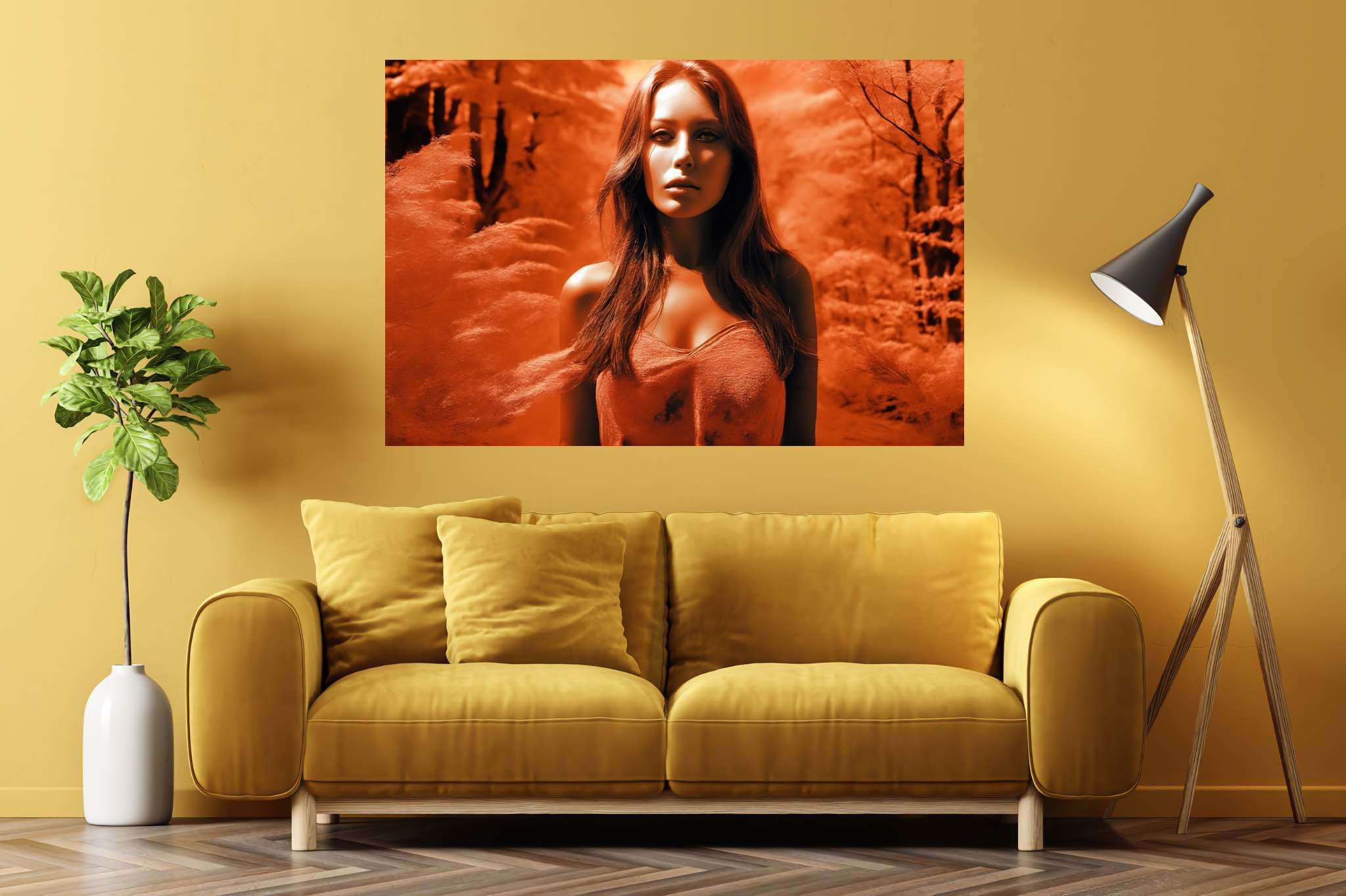 Crimson enigma veil: Mystery art with concealed expressions, in a room with contemporary flair, digital art pieces, and home styling items. The art can be printed on poster, framed poster, canvas, metal, acrylic or wood, exclusively at WallArtZen. Find this exact print at https://wallartzen.com/waz227