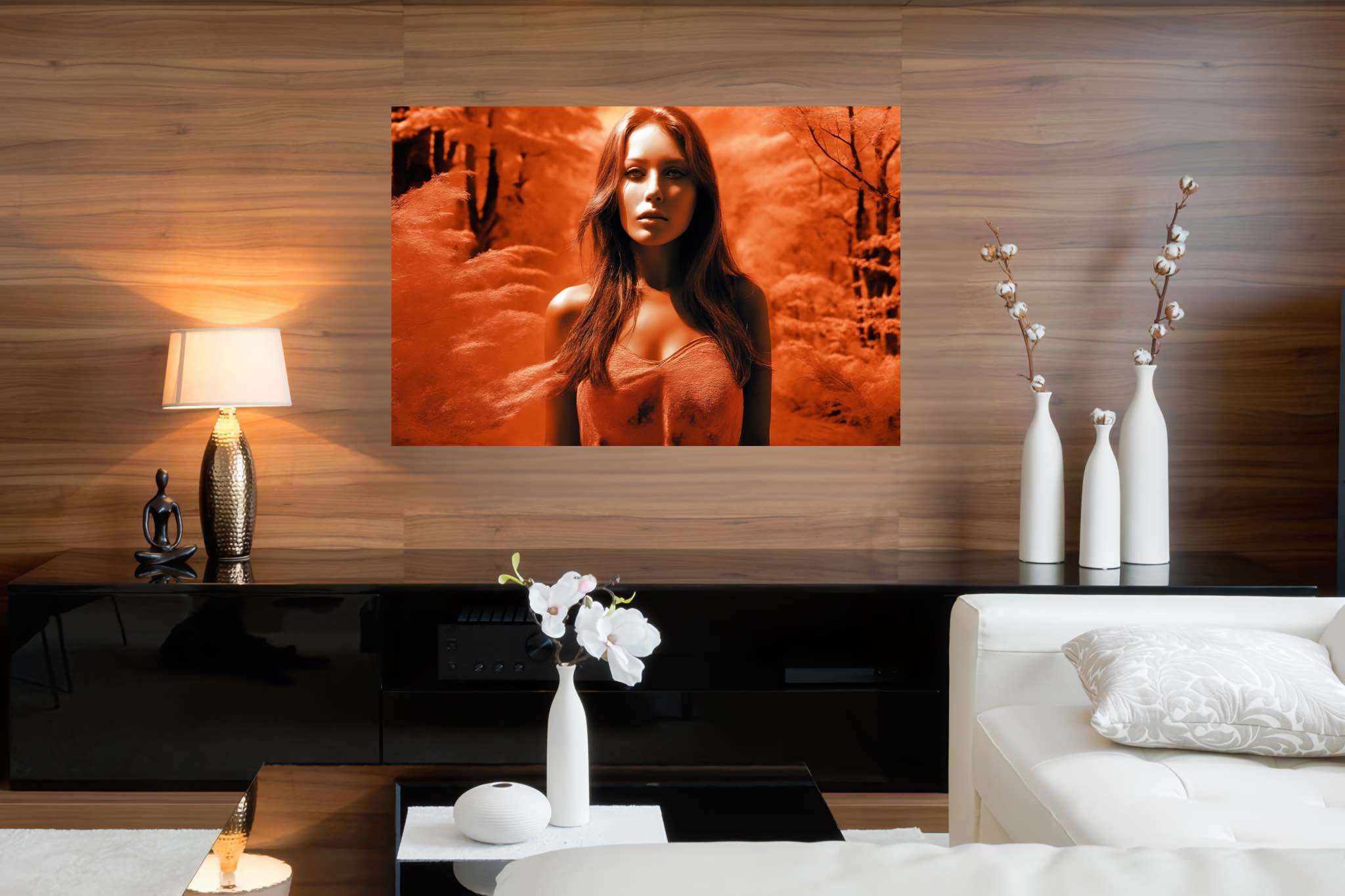 Crimson enigma veil: Mystery art with perplexing designs, in a room with modern style, digital art pieces, and stylish accessories. The art can be printed on poster, framed poster, canvas, metal, acrylic or wood, exclusively at WallArtZen. Find this exact print at https://wallartzen.com/waz227
