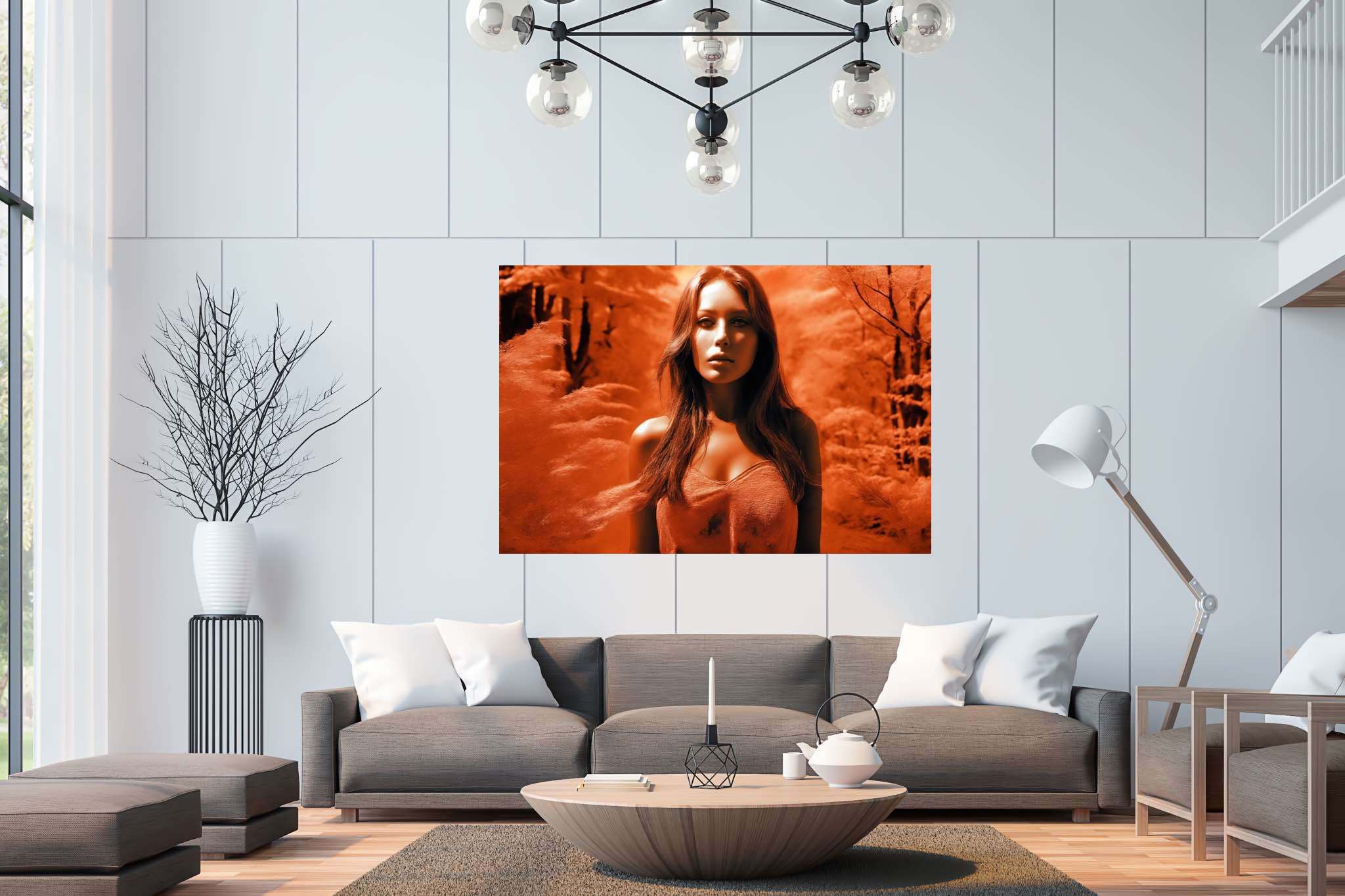 Crimson enigma veil: Mystery art with perplexing designs, in a room with contemporary flair, gallery-quality artwork, and stylish accessories. The art can be printed on poster, framed poster, canvas, metal, acrylic or wood, exclusively at WallArtZen. Find this exact print at https://wallartzen.com/waz227