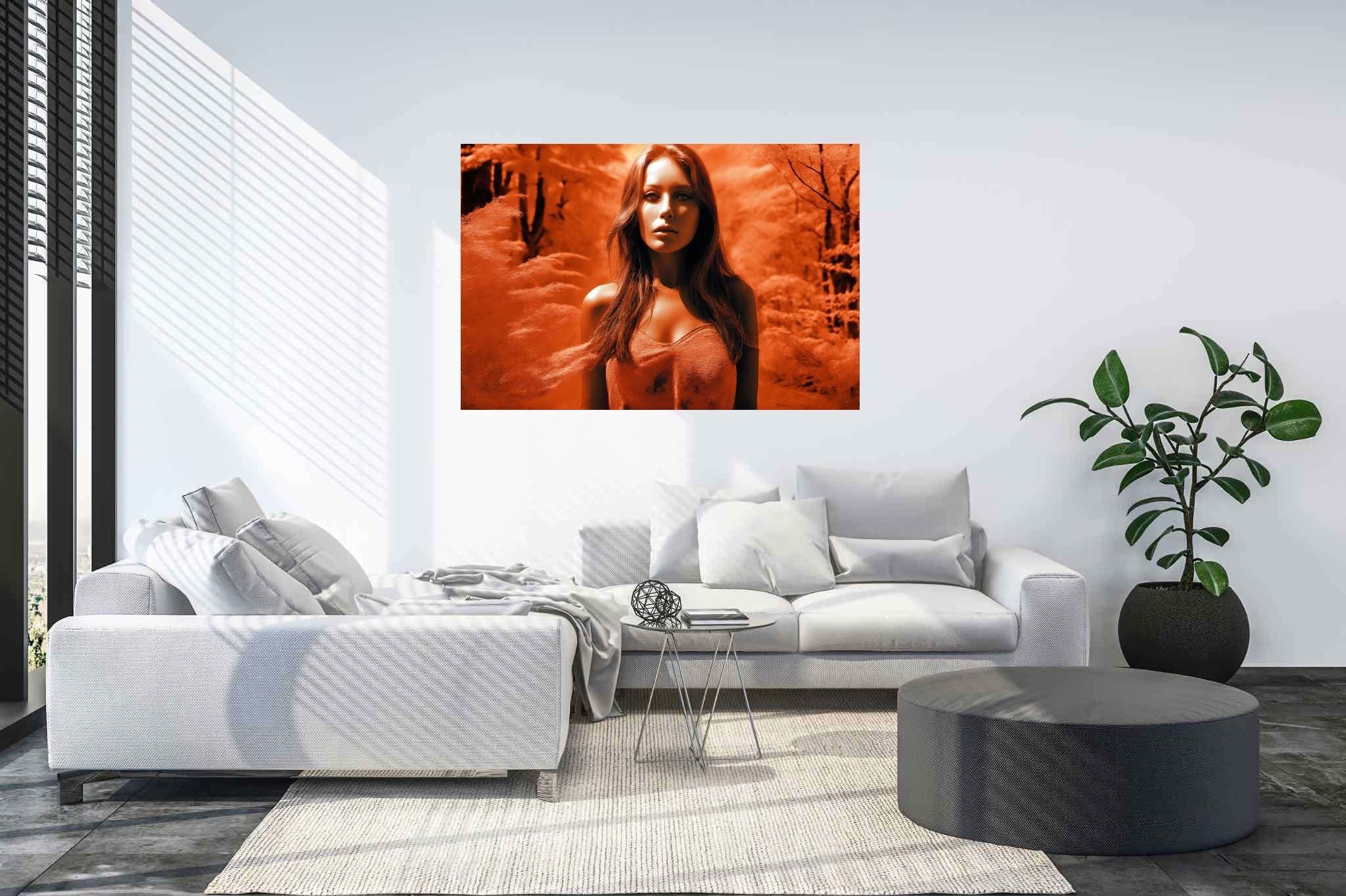Crimson enigma veil: Mystery art with enigmatic sculptures, in a room with urban design, digital art pieces, and elegant home goods. The art can be printed on poster, framed poster, canvas, metal, acrylic or wood, exclusively at WallArtZen. Find this exact print at https://wallartzen.com/waz227