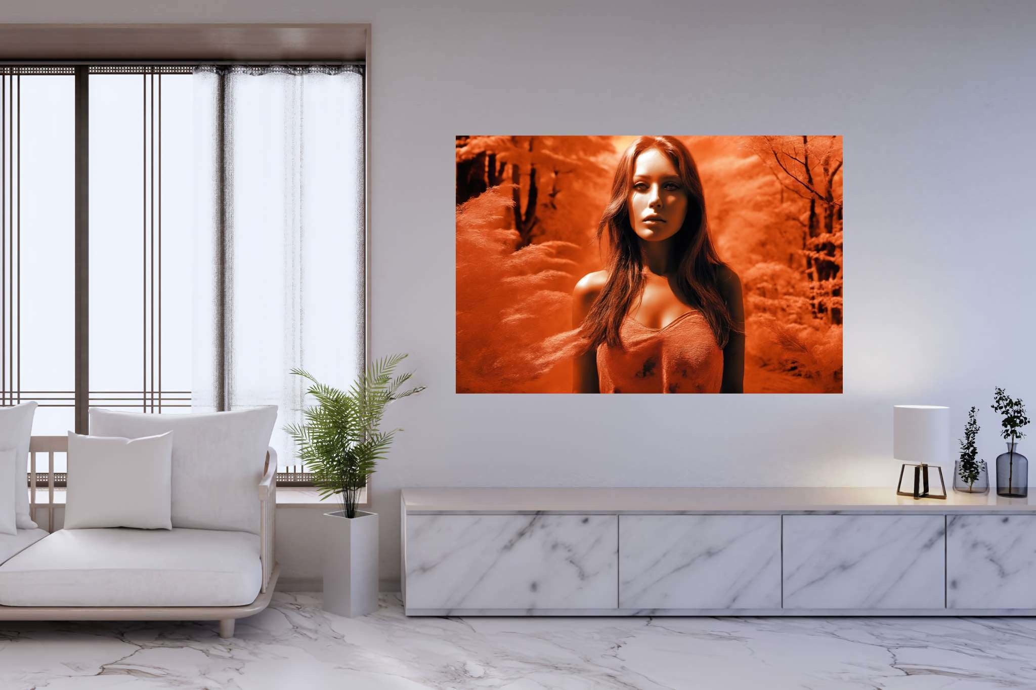Crimson enigma veil: Mystery art with mysterious illustrations, in a room with urban design, photographic wall art, and trendy home accents. The art can be printed on poster, framed poster, canvas, metal, acrylic or wood, exclusively at WallArtZen. Find this exact print at https://wallartzen.com/waz227