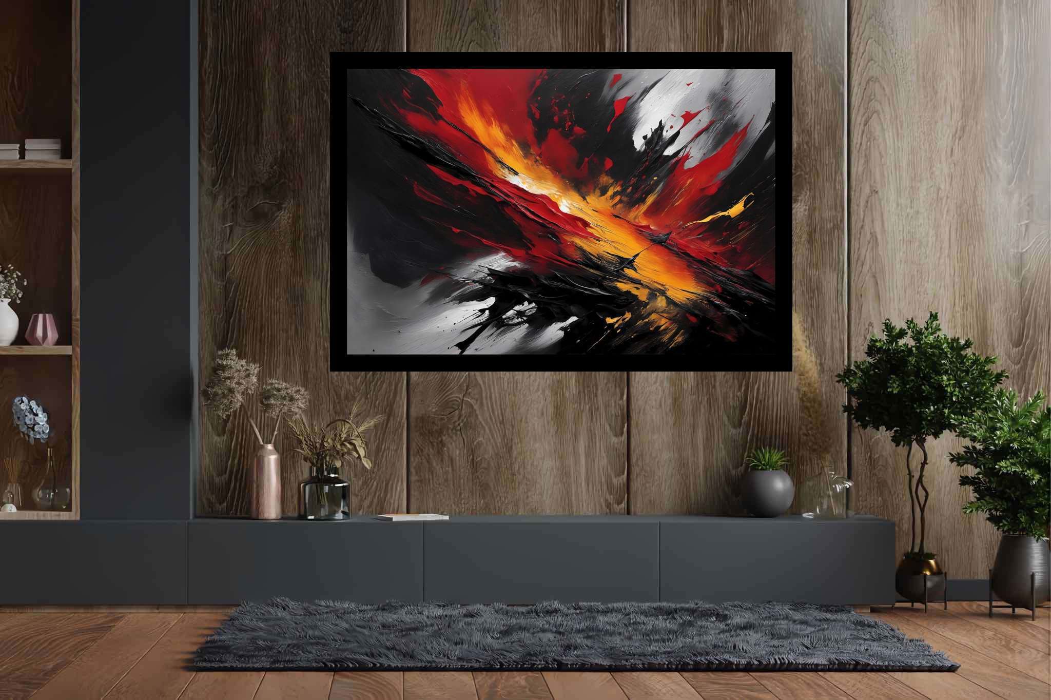 Crimson chaos unleashed: Explosion art with explosive composition, in a room with urban design, mural artworks, and decorative pieces. The art can be printed on poster, framed poster, canvas, metal, acrylic or wood, exclusively at WallArtZen. Find this exact print at https://wallartzen.com/waz228
