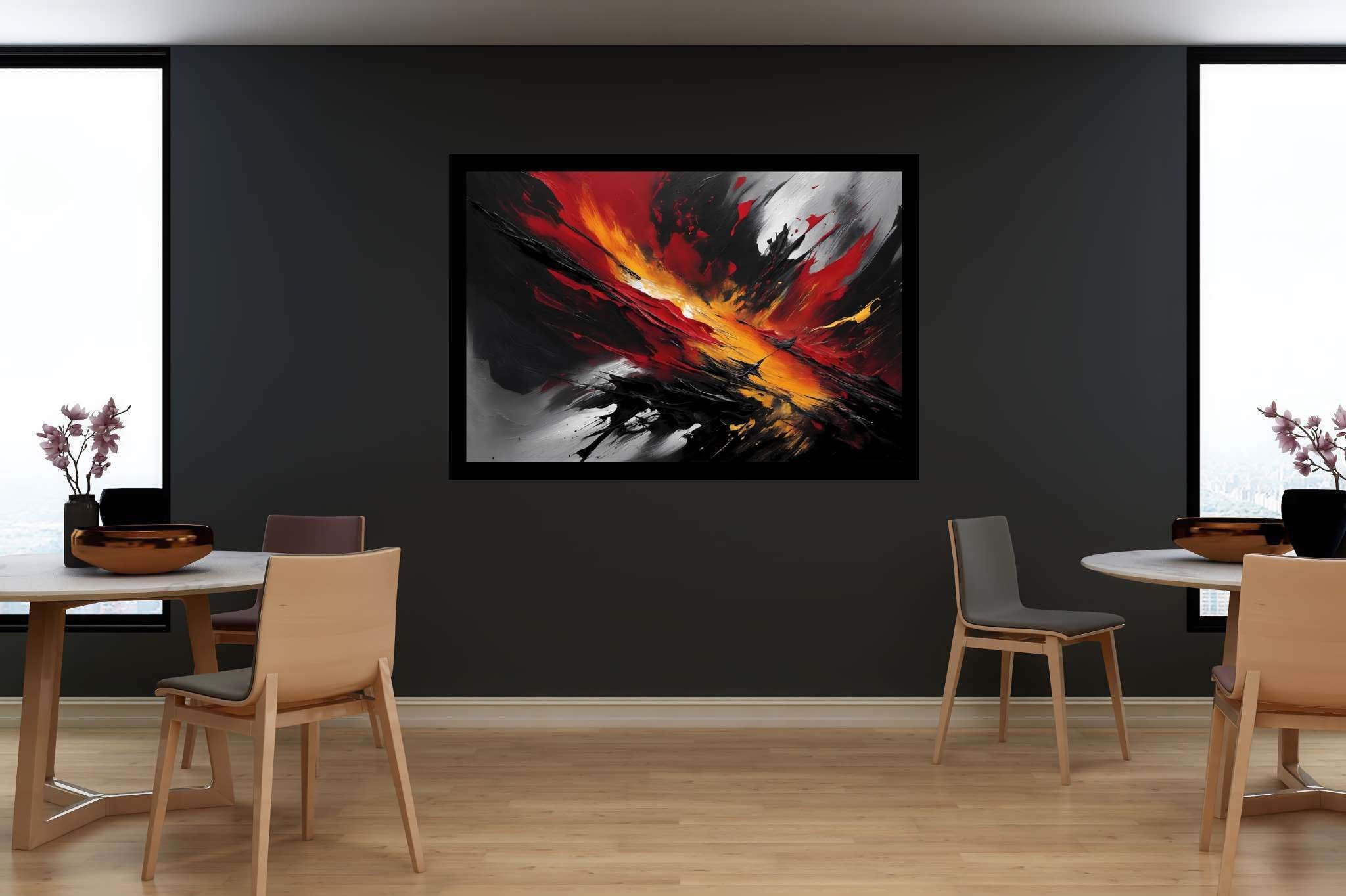 Crimson chaos unleashed: Explosion art with energetic expressions, in a room with urban design, digital art pieces, and trendy home accents. The art can be printed on poster, framed poster, canvas, metal, acrylic or wood, exclusively at WallArtZen. Find this exact print at https://wallartzen.com/waz228
